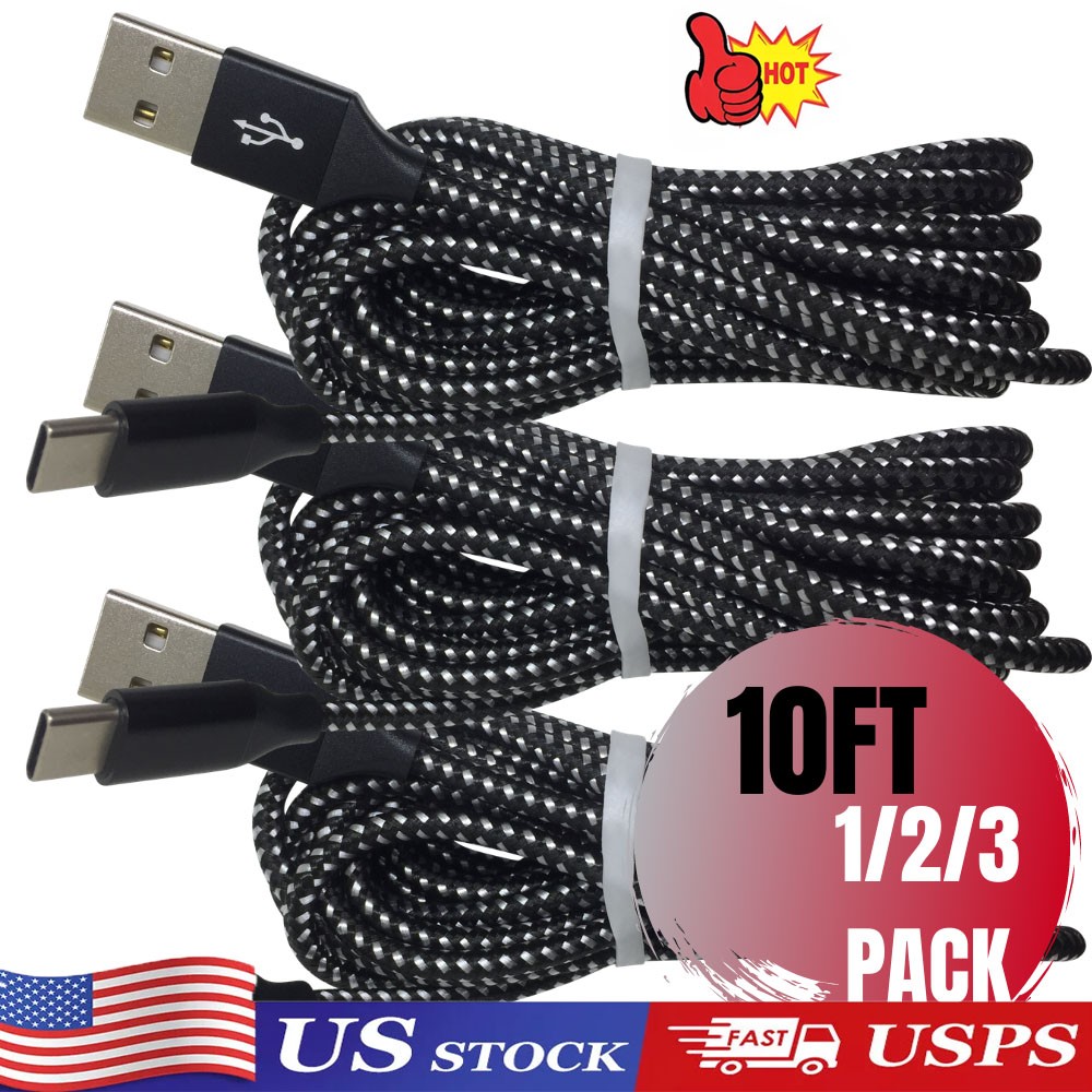 3Pack Braided USB C Type-C Fast Charging Data SYNC Charger Cable Cord 3/6/10FT