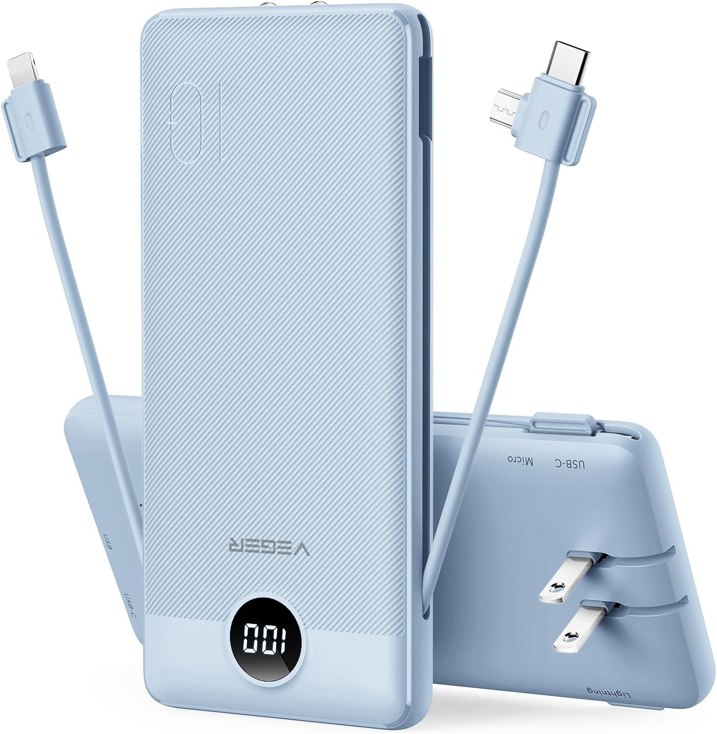Portable Charger Built-in Cables and AC Wall Plug, USB C Power Bank 10000mAh