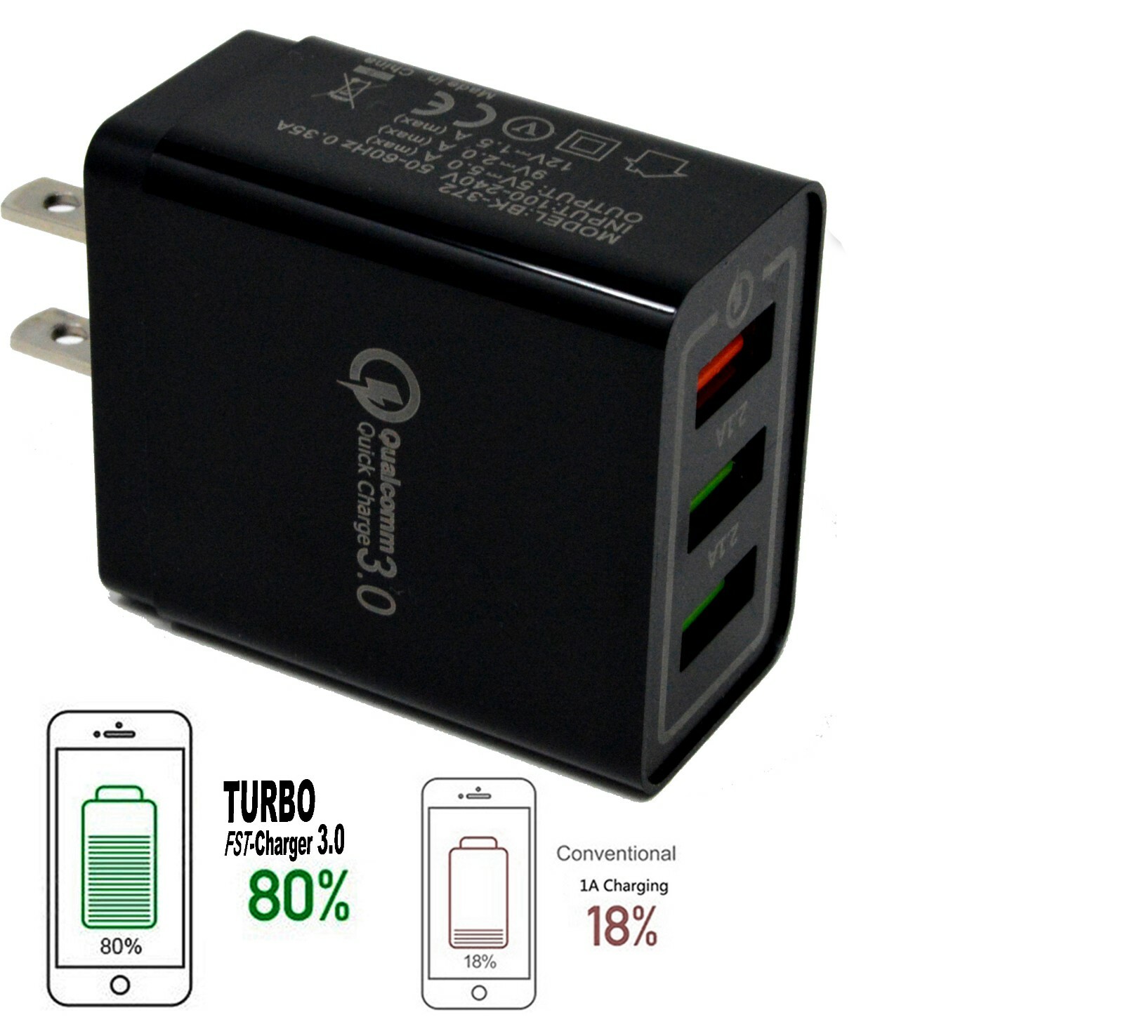 (3 ports) USB Fast Quick wall Charger (18W / 5V,9V,12V / 5A) for Android (Black)