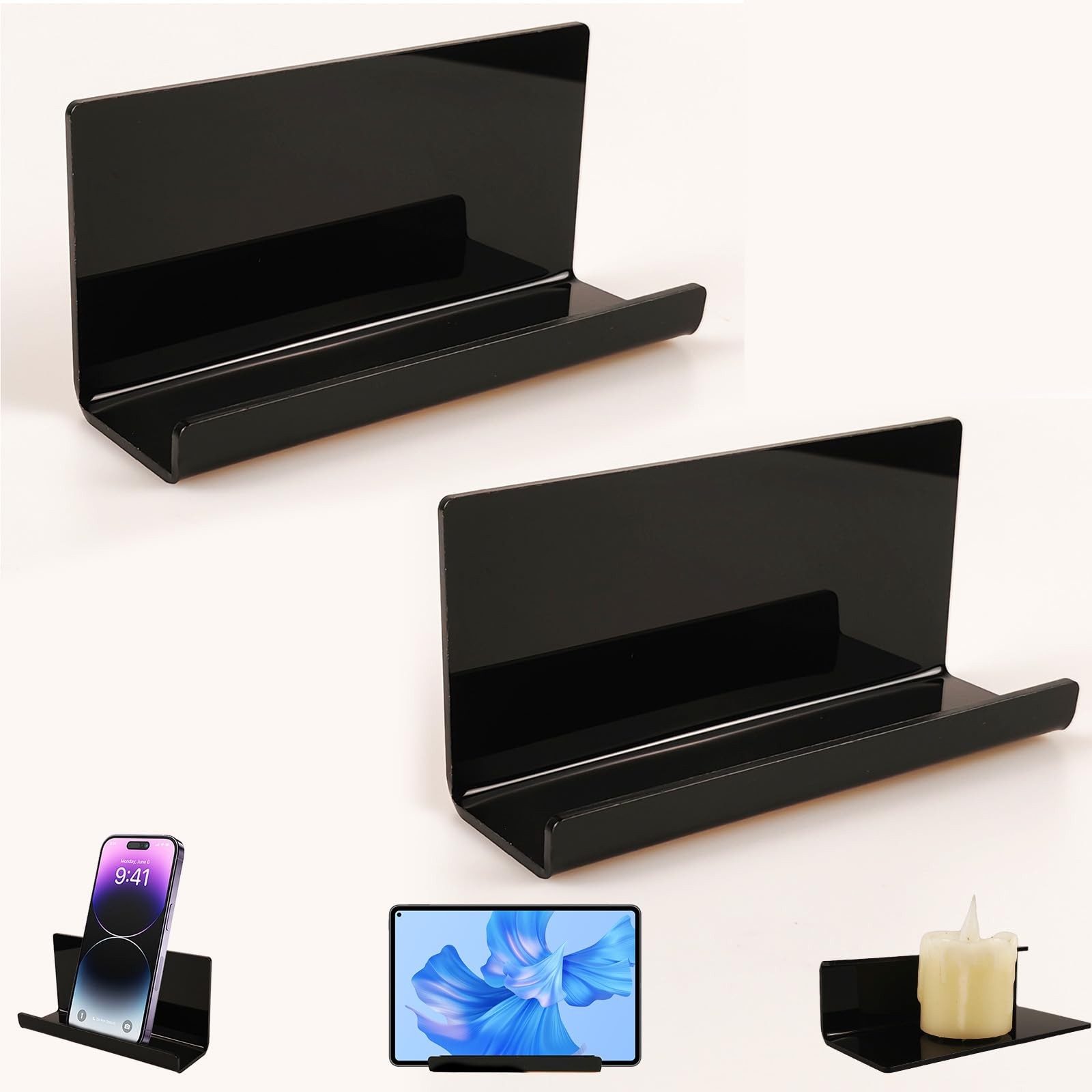 2 PCS Black Adhesive Wall Shelf, Acrylic Stick On, Phone, Tablet, Bedside Holder
