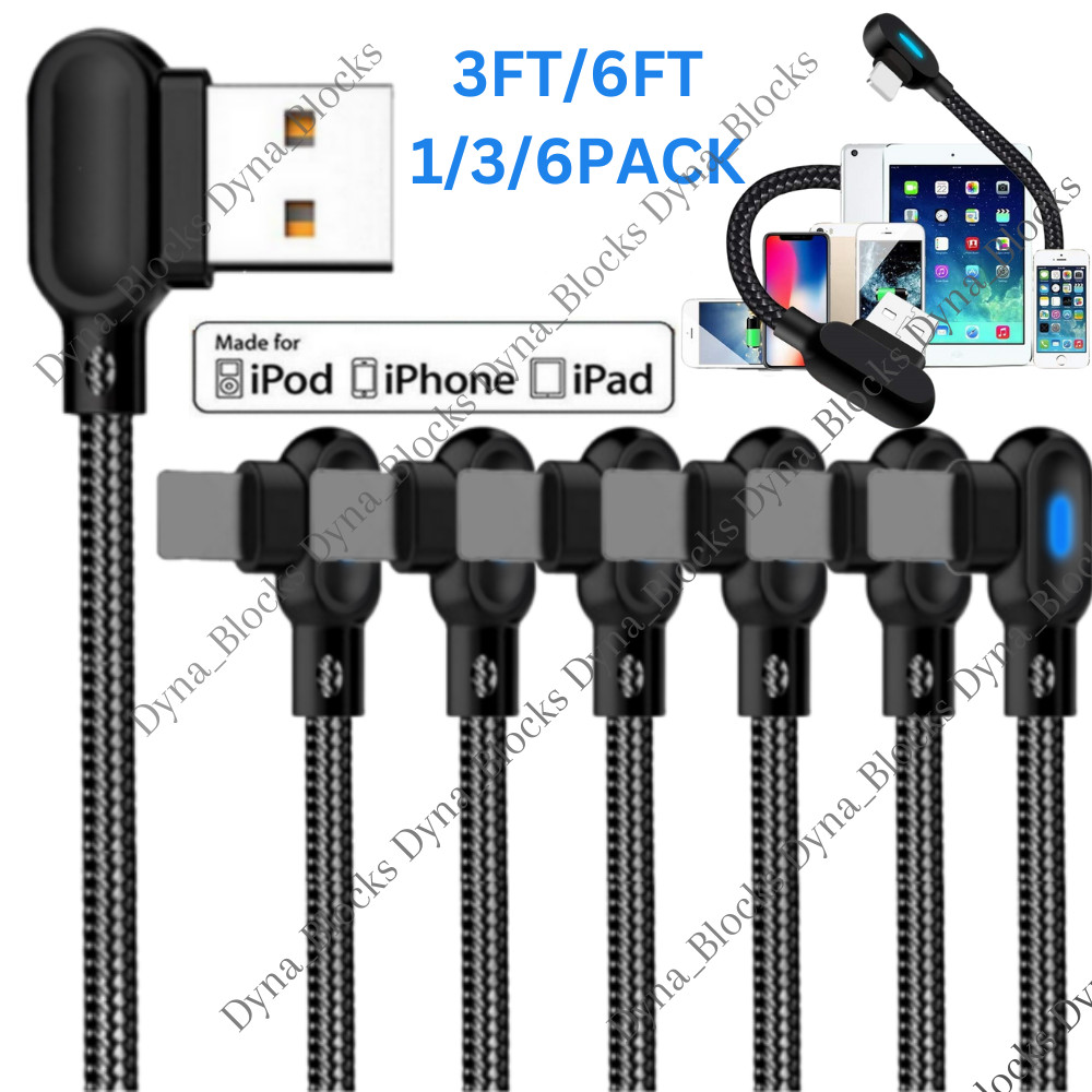 90 Degree USB Data Cable 3/6FT For iPhone 7 8 11 12 13 14 Charger Charging Cord