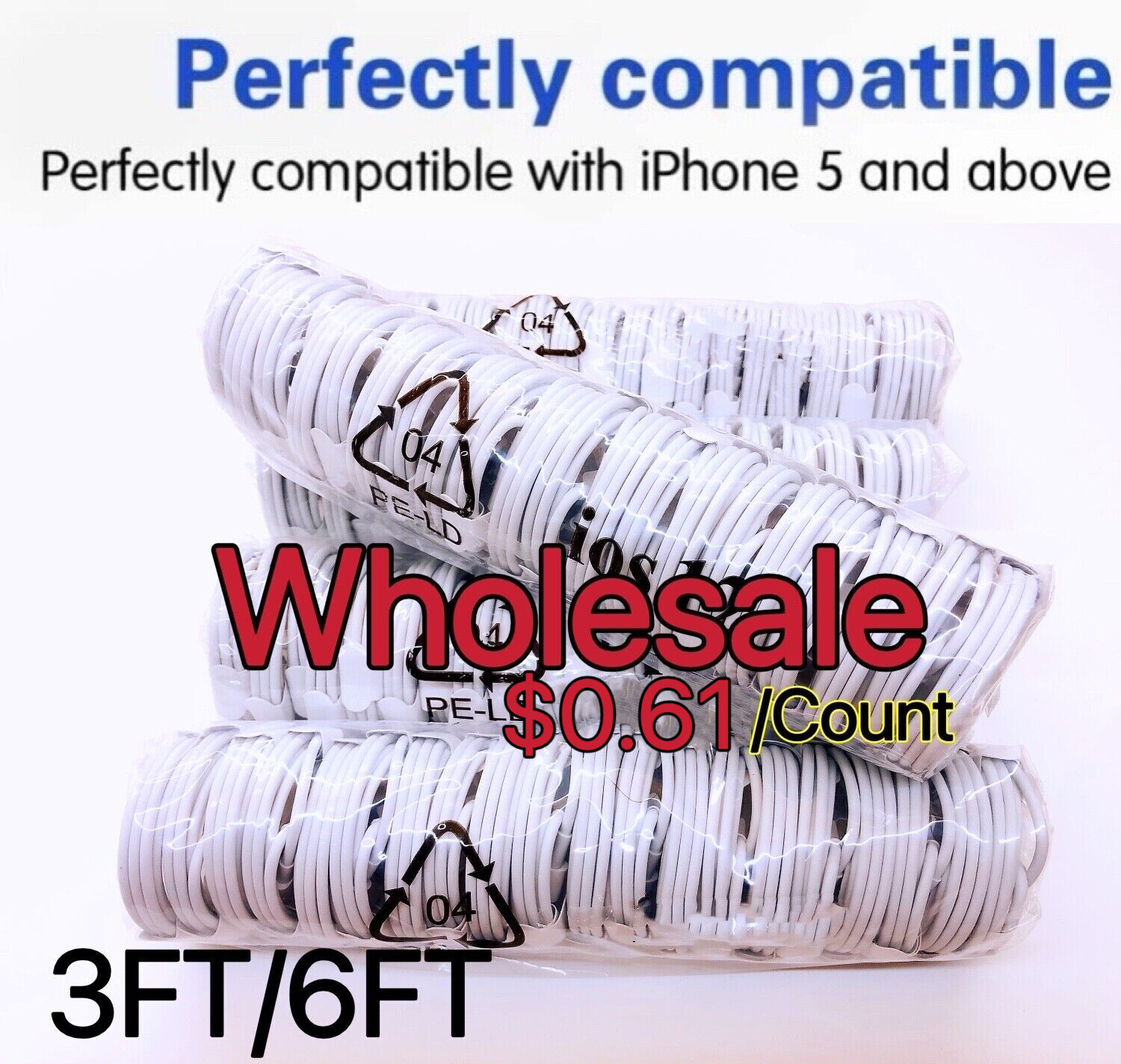 Wholesale Bulk USB Cable 3Ft 6Ft For iPhone11 XR 8 7 6 Plus Charger Cord Lot