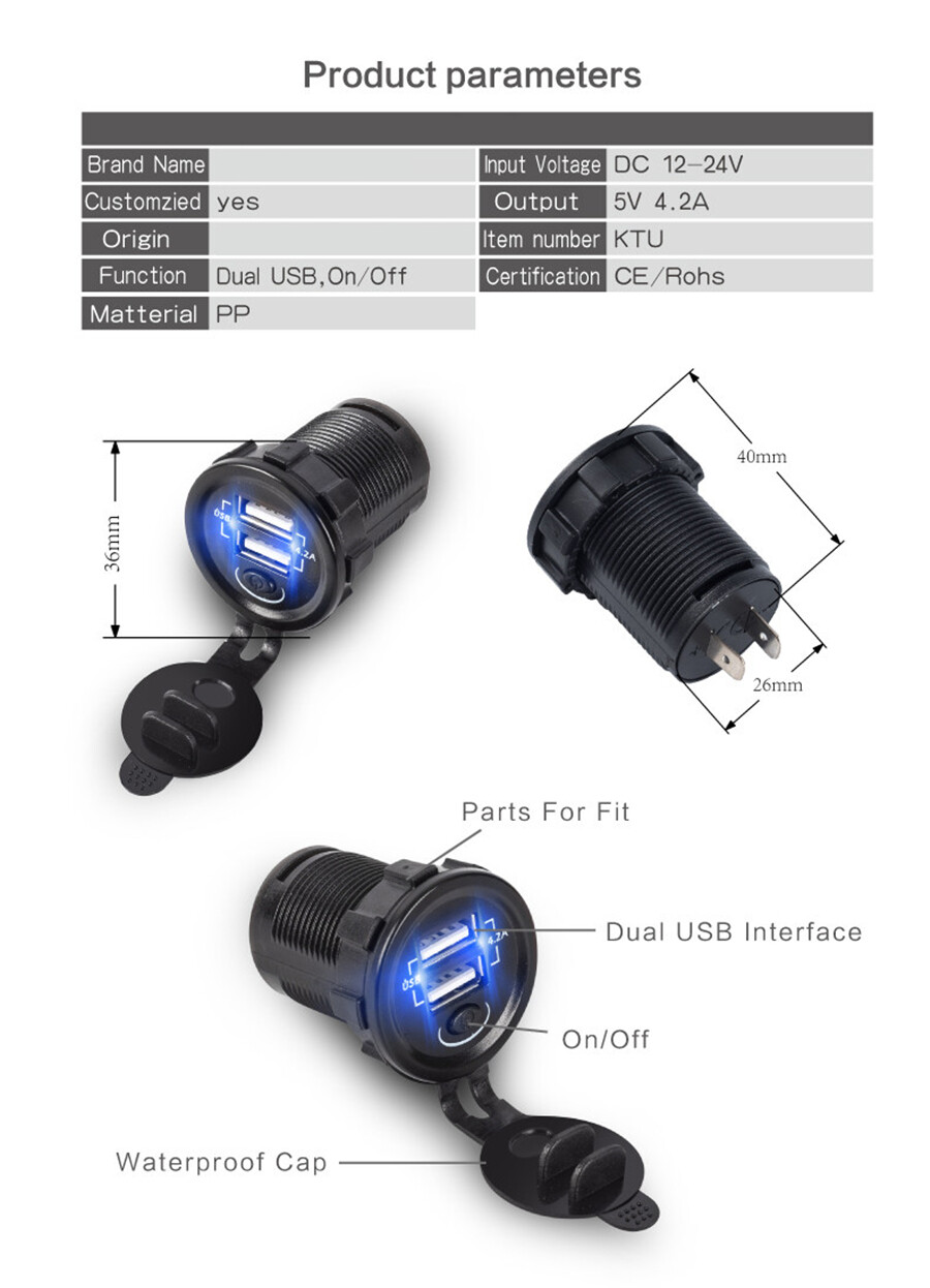 Universal 5V 4.2A New Style Fast Car Boat Charger Blue LED w/2 USB Port Socket