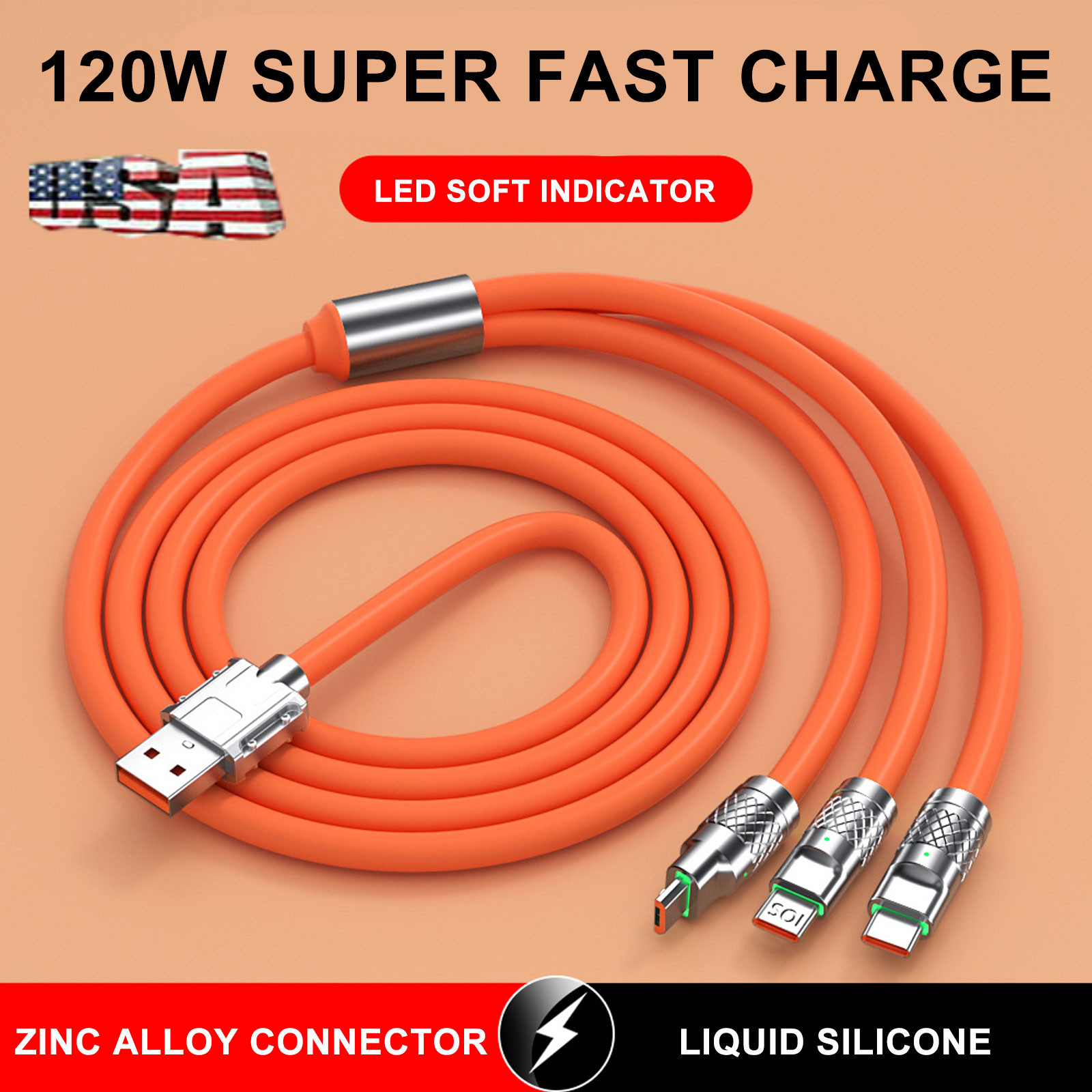 “3 in 1 Fast Charger Cable for iPhone/Type C/USB – Multi-Device Charging”