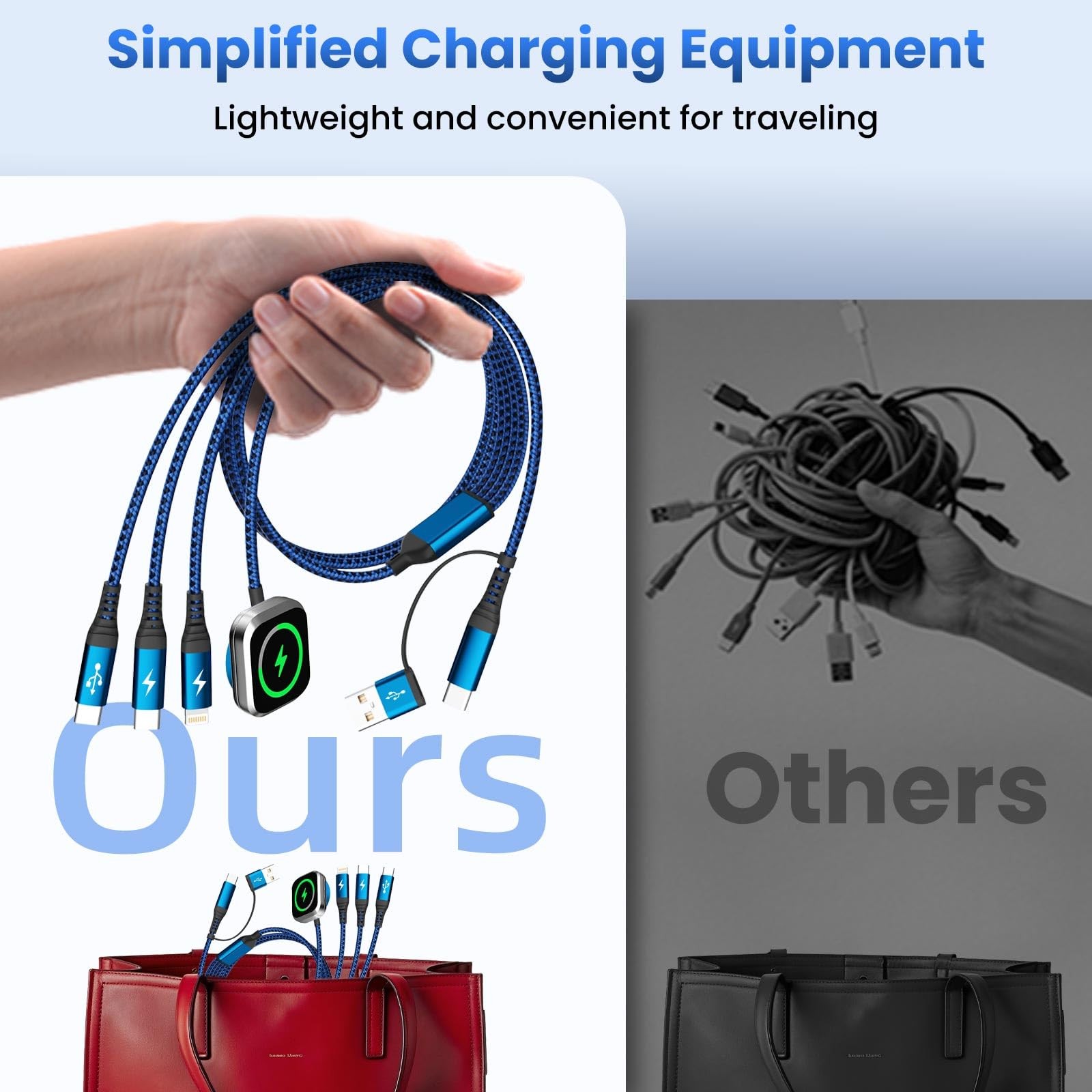 Multi Charging Cable for iPhone Watch Charger, 4 in 2 USB A/C 1PCS&5FT, Blue