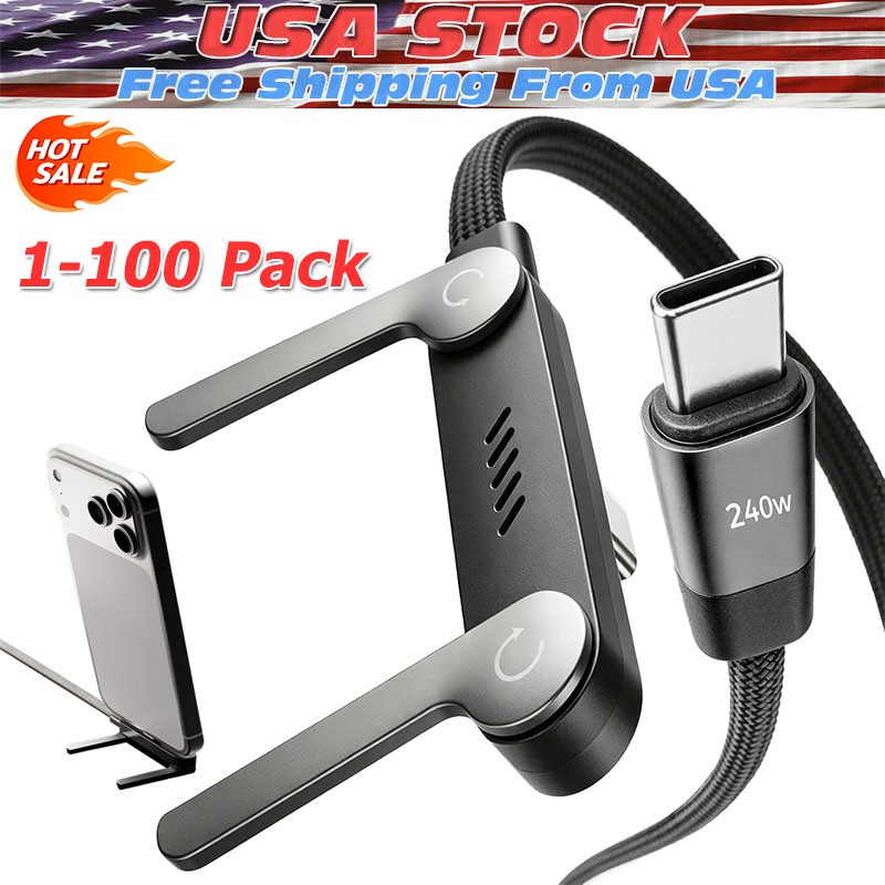 2in1 240W Fast Charging Cord For iPhone 17 With Phone Stand Invisible Holder Lot
