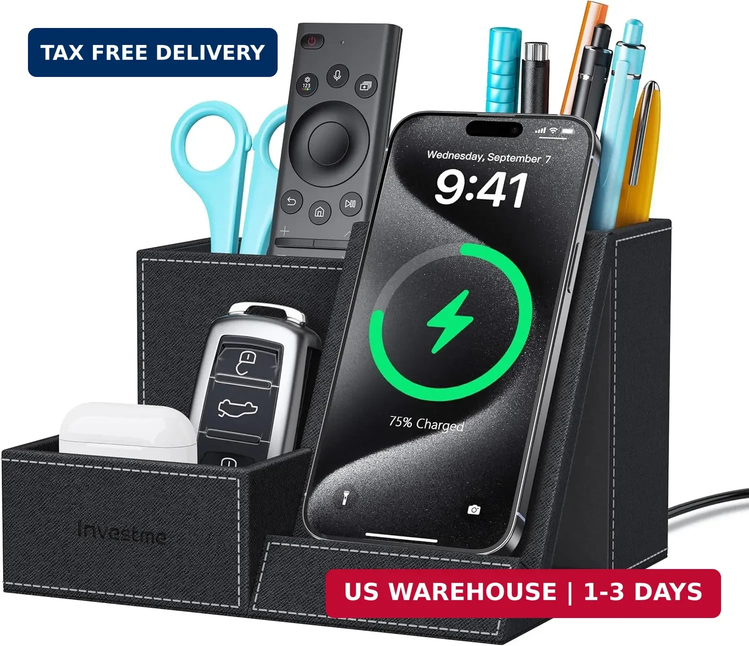 Wireless Charger with Desk Organizer, Pen Pencil Holder, Multifunctional Desktop