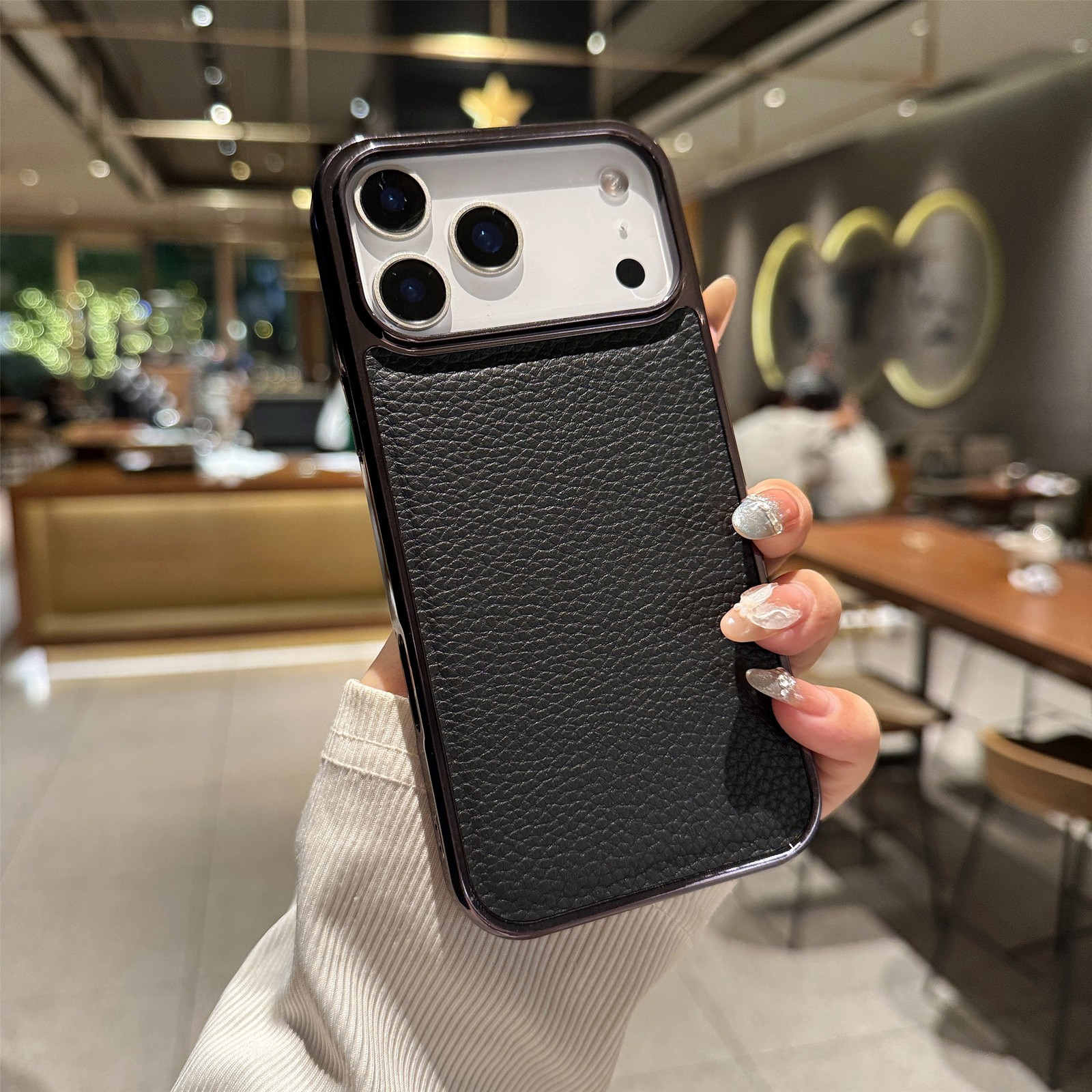 Electroplated Frame Litchi Texture PU Leather Case For iPhone 17 Pro Max 16 15