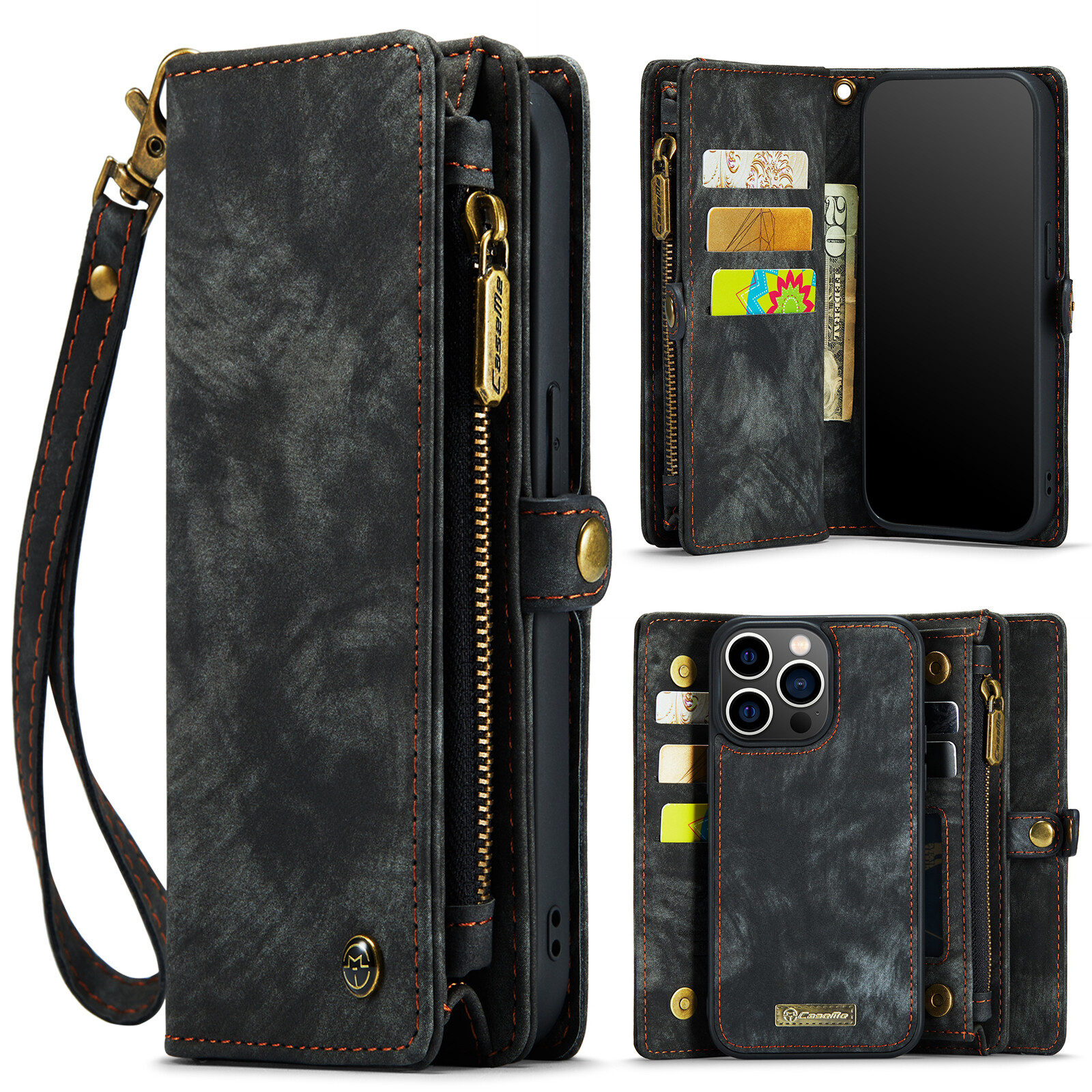 For iPhone 17 Pro Max 16 14 13 Magnetic Detachable Wallet Zipper PU Leather Case