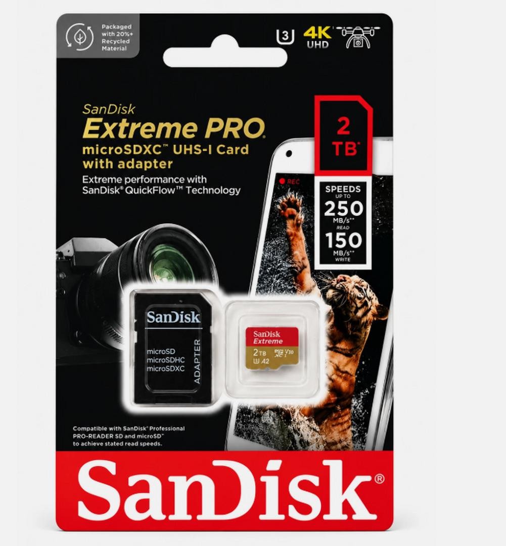 SanDisk Extreme 2TB UHS-I U3 microSDXC 250MBs Memory Card with SD Adapter