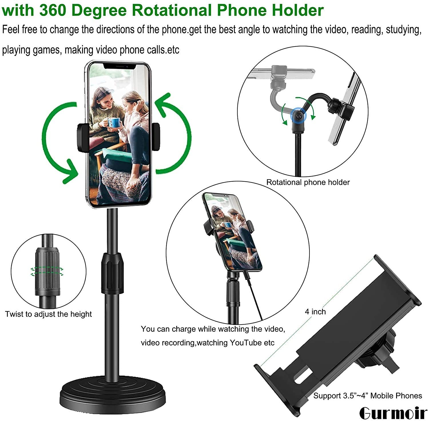 360° Adjustable Desktop Cell Phone Stand Holder Tripod Stable for Live Streaming