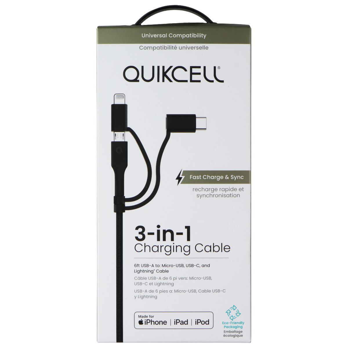 Quikcell 6FT USB-A to Micro USB, USB-C & 8-Pin Charging Cable – Black