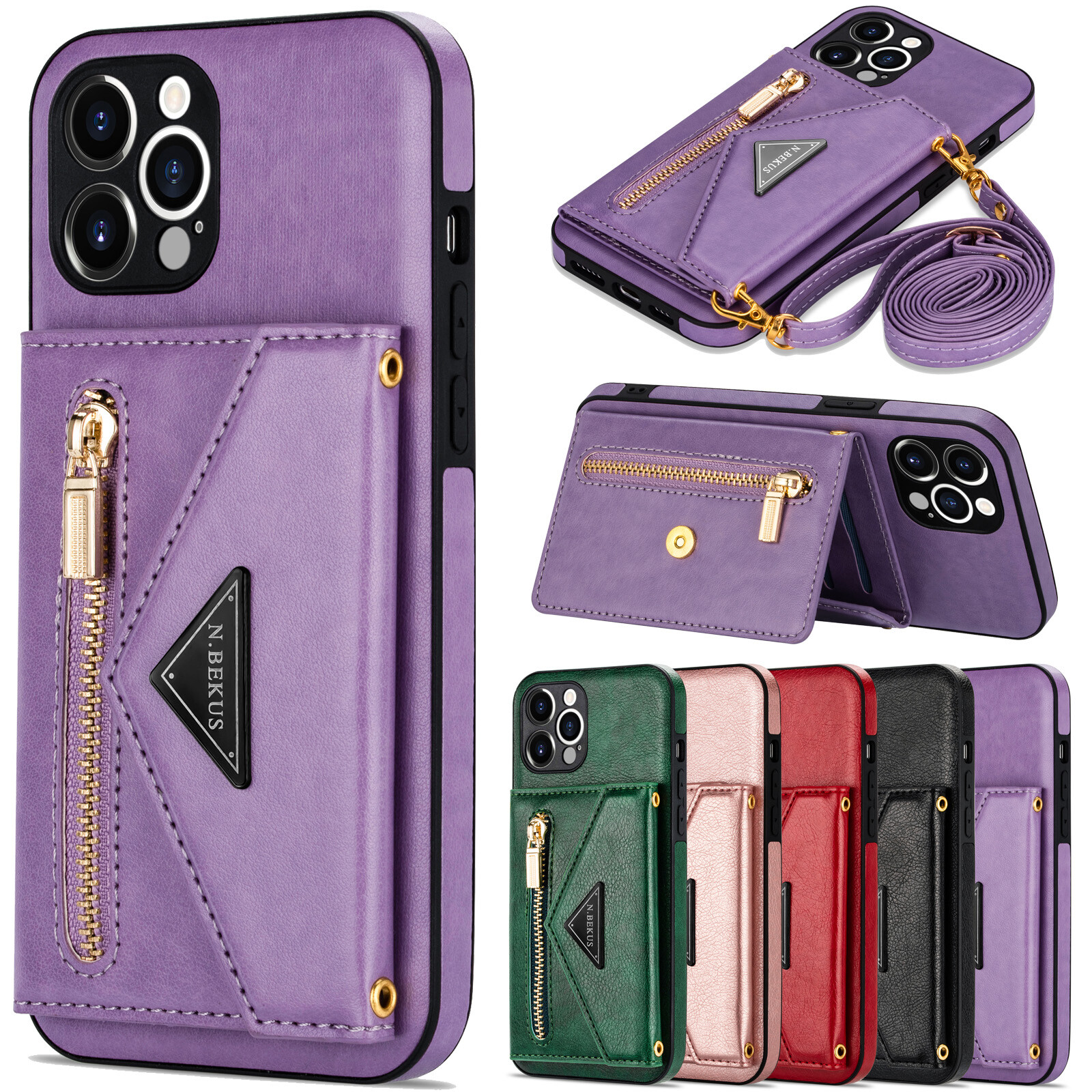 For iPhone 13 14 15 Pro Max 12 11 7 8 XR Card Holder Leather Wallet Case Strap
