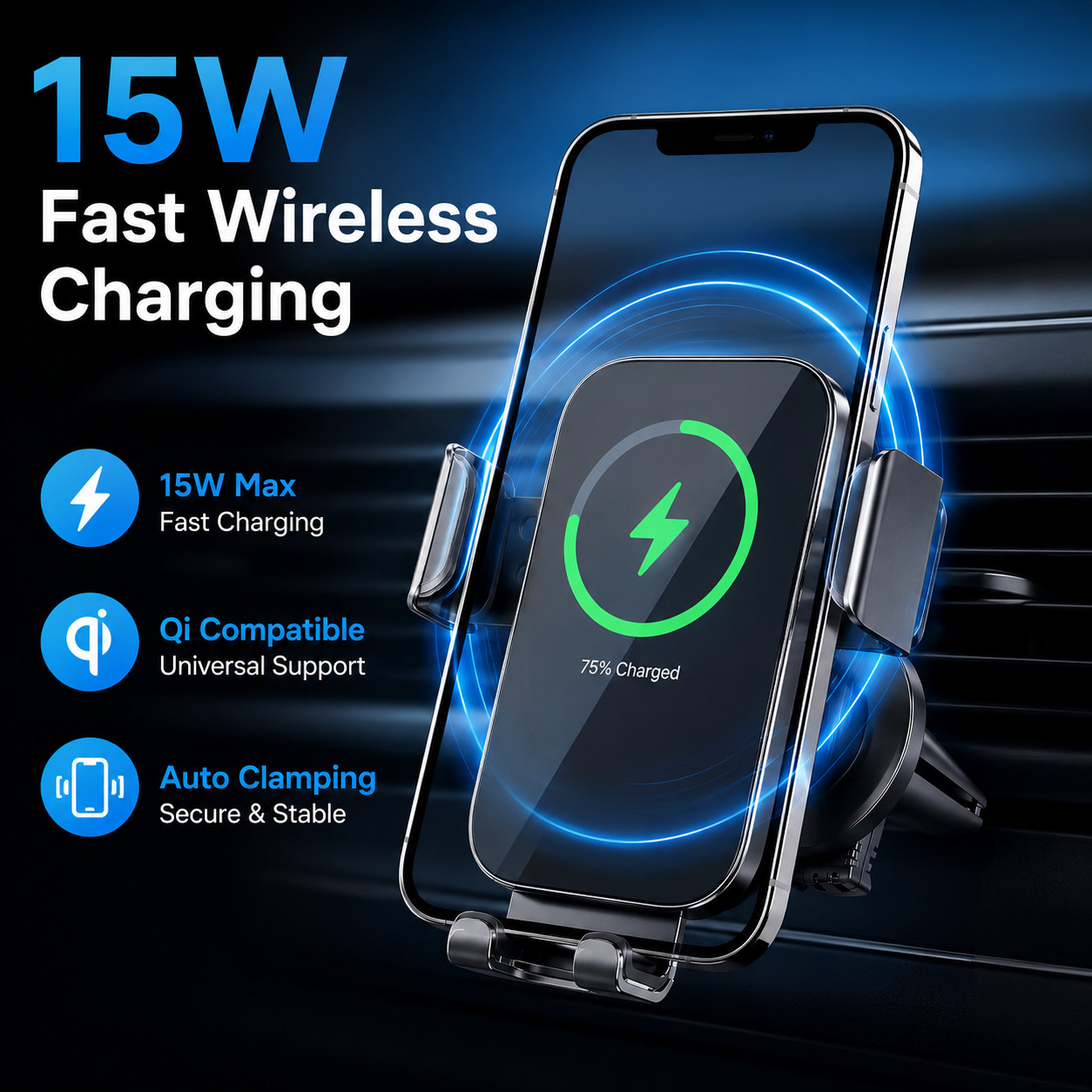 Wireless Car Charger Auto Clamping Phone Mount 15W Fast Charging Vent Holder