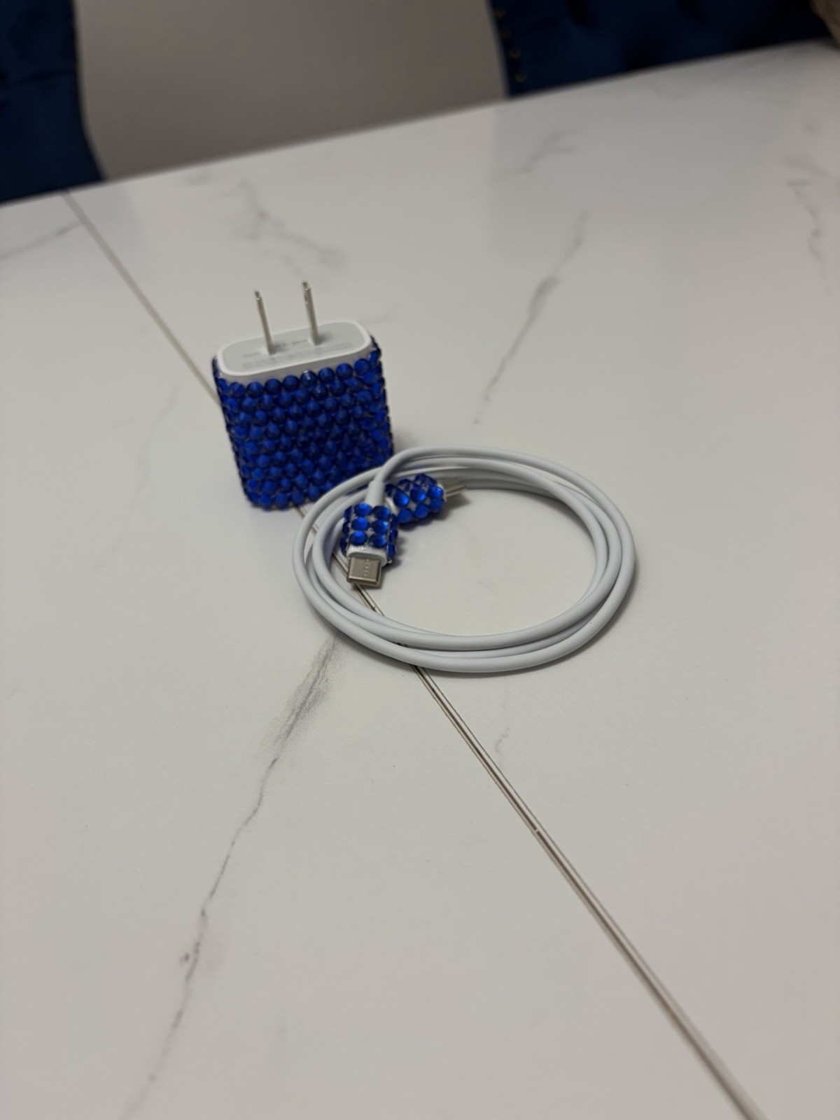 Blue/White Bling Rhinestone USB Wall Charger w/ USB Type – C Cable