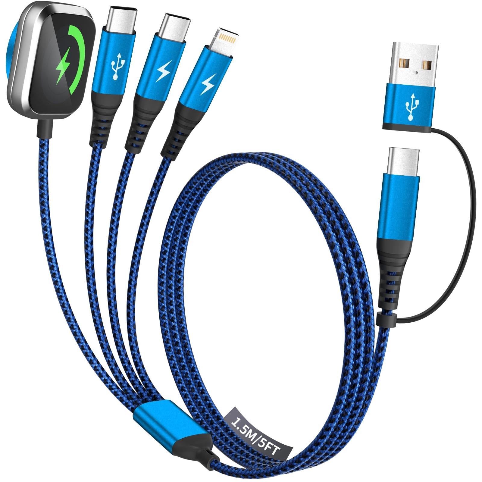 Multi Charging Cable for iPhone Watch Charger, 4 in 2 USB A/C 1PCS&5FT, Blue