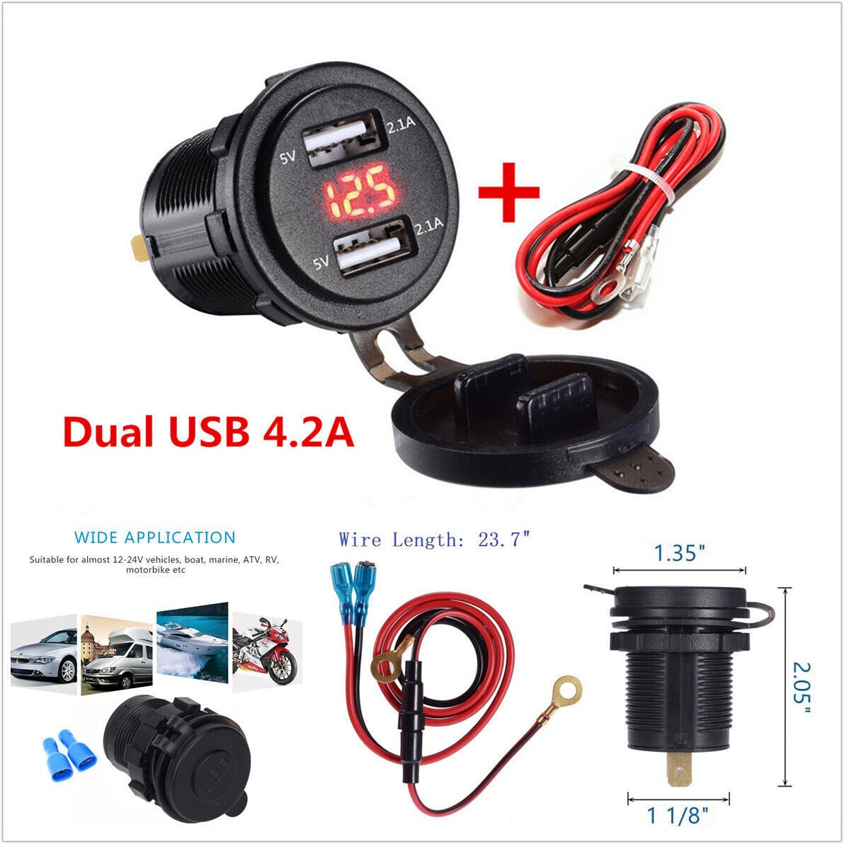 4.2A Dual USB Charger Socket Red LED Voltmeter for 12V-24V Car Truck Motorcycle