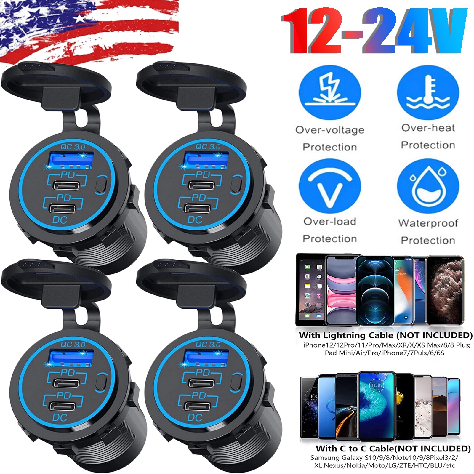 12-24V 3 Port Fast Car Charger QC3.0 & PD USB C Outlet for RV Boat Marine LOT