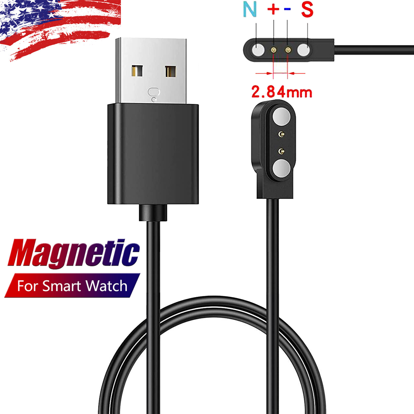 2-Pin Universal USB Data Charging Cable Magnetic Charger for Smart Watch 2.84mm