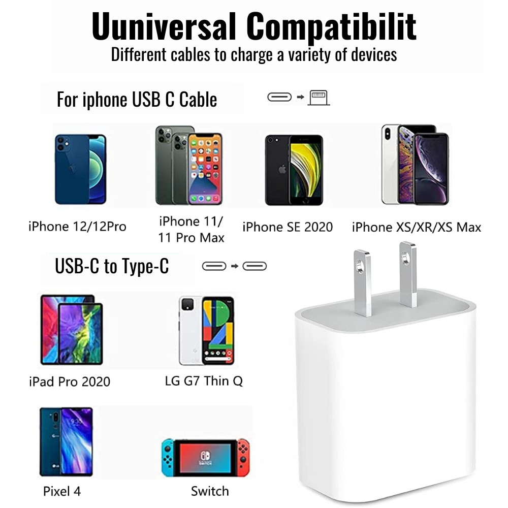 20W USB-C Power Adapter Fast Charger PD Cable Lot For iPhone 14/13/12/11/XR/8/SE