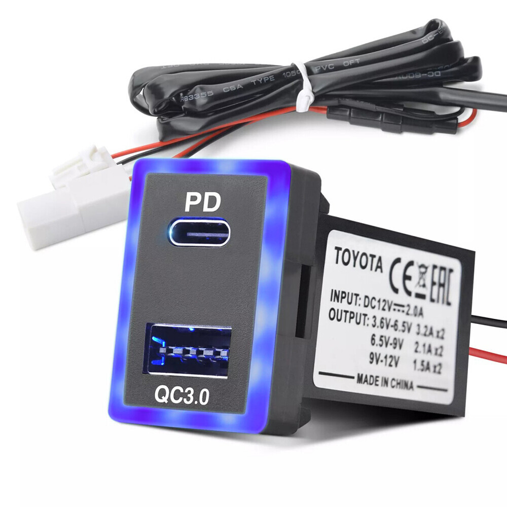 60W Quick Charge Dual USB Port USB-C PD + USB-A QC3.0 For Toyota RAV4, Corolla