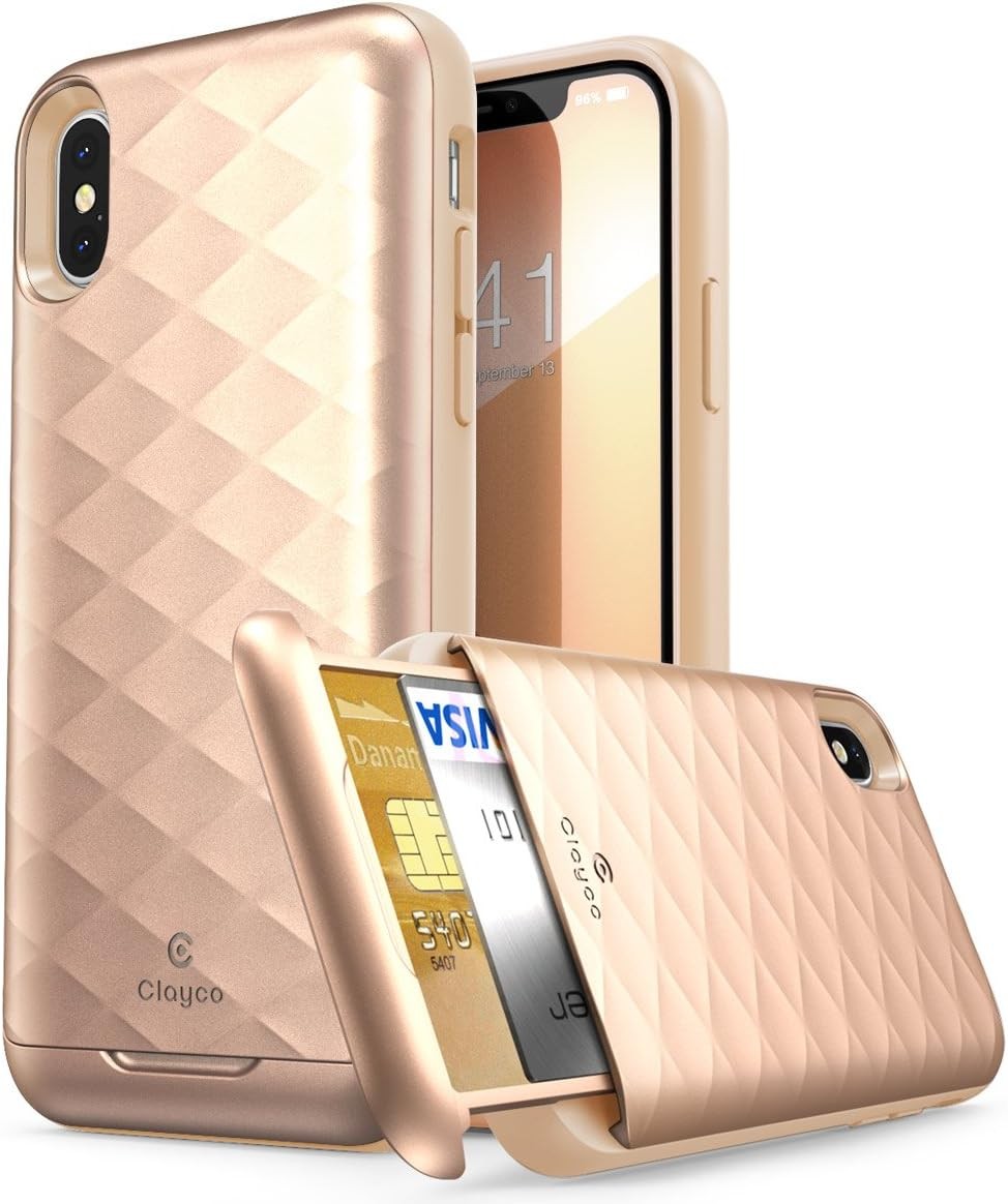 Clayco Argos for iPhone X Protective Wallet Case Hidden Card Slot Holder, Gold