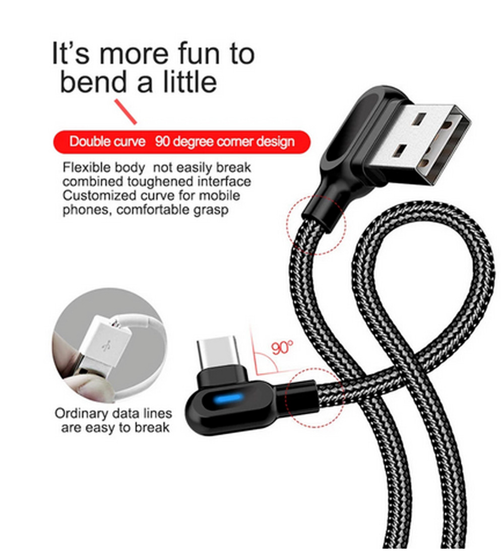 3x 90 Degree Right Angle USB to TypeC Charger Cable Fast Charging Type Sync Cord