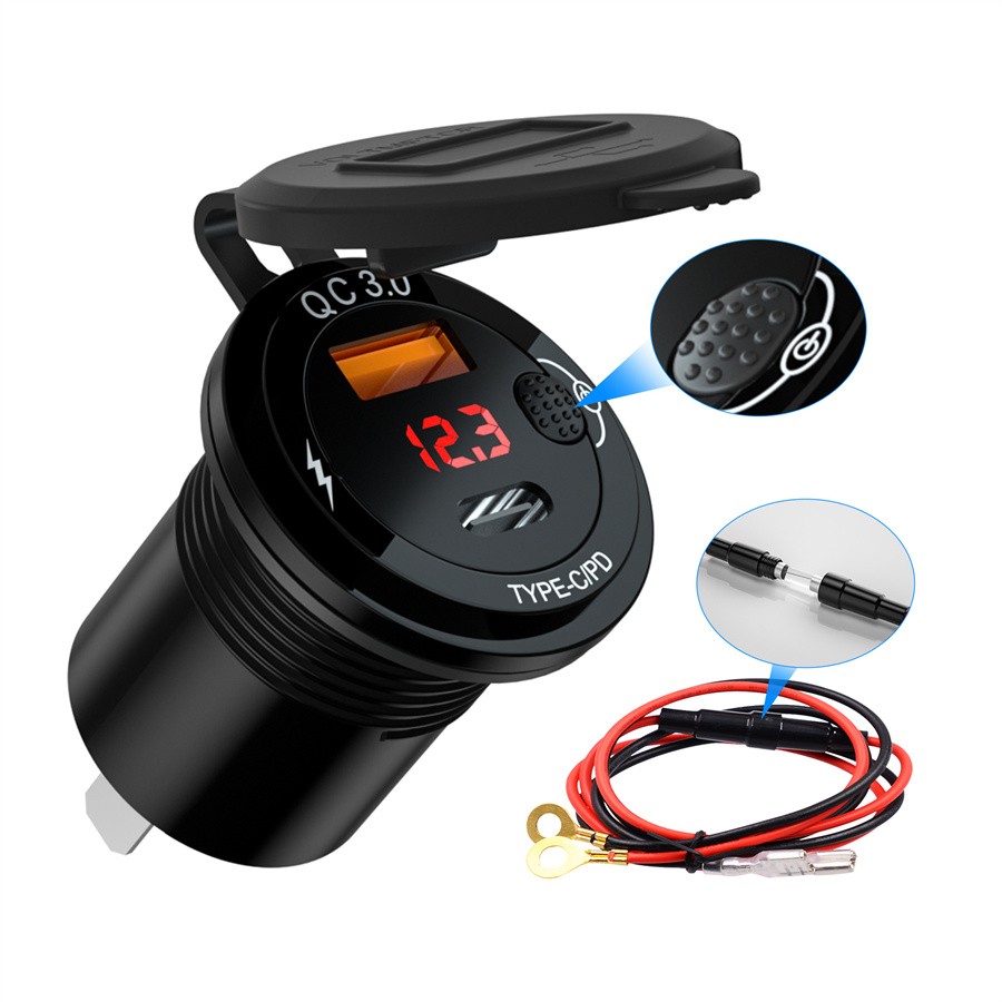 Universal Fast Charger Adapter For Car Truck USB & Type-C Flush Mount Voltmeter