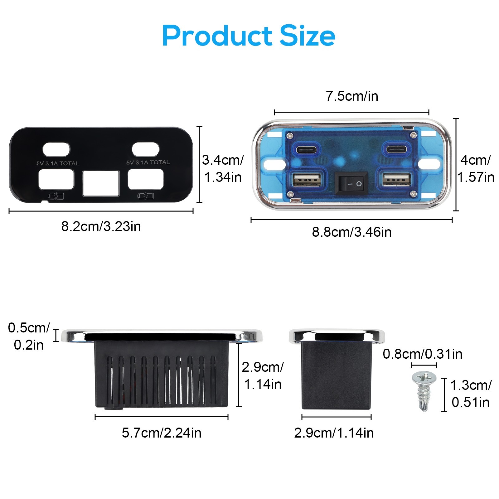 2PCS Switch USB Outlet Dual USB A C Ports Charger Socket Panel Car RV Boat