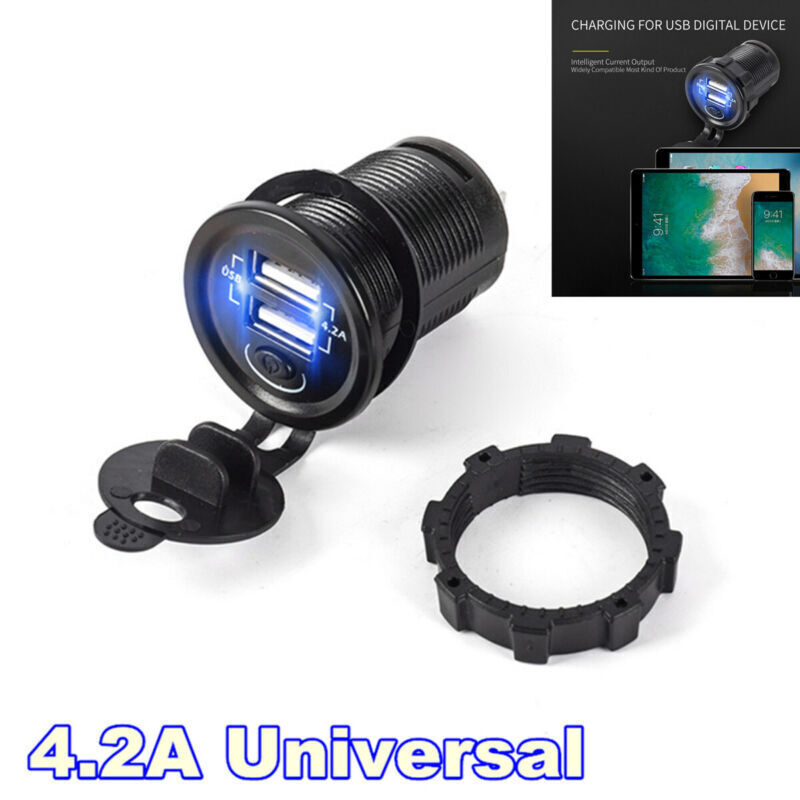 Car Fast Charger With Dual Port USB Socket 12-24V Input 5V 4.2A Outlet w/Switch