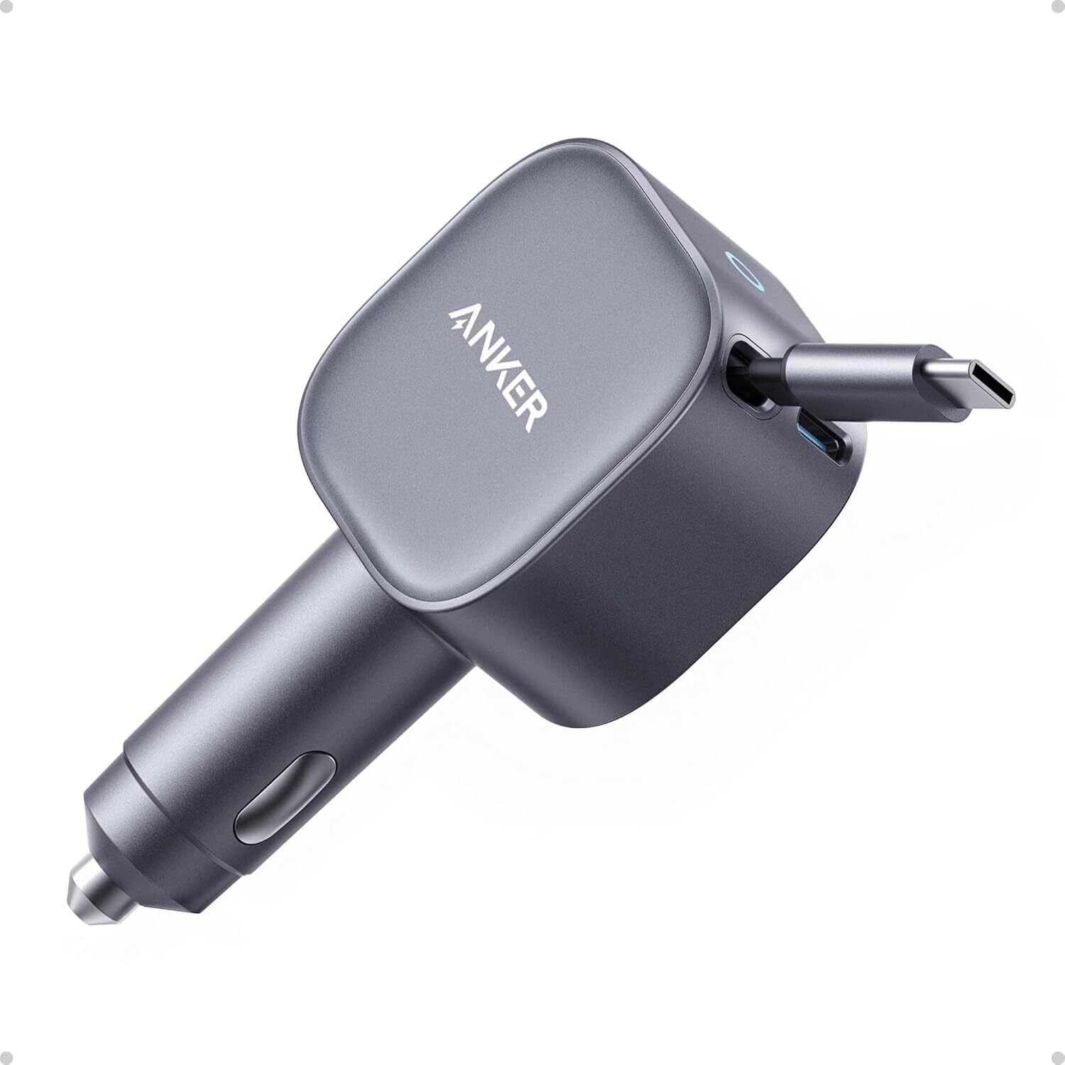 Anker USB-C Car Charger 75W Adapter Built-in Retractable Cable for iPhone 16/Mac