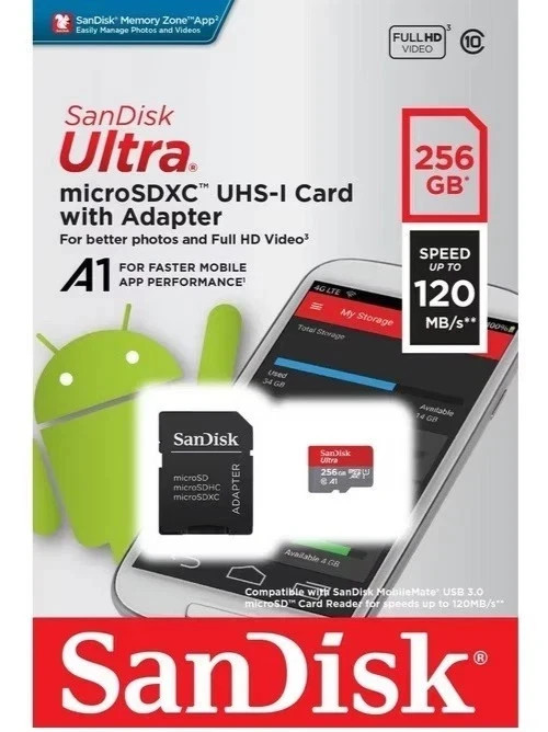 SanDisk 256GB Ultra Micro SD SDXC A1 Class 10 120MB/s 4K HD Memory Card