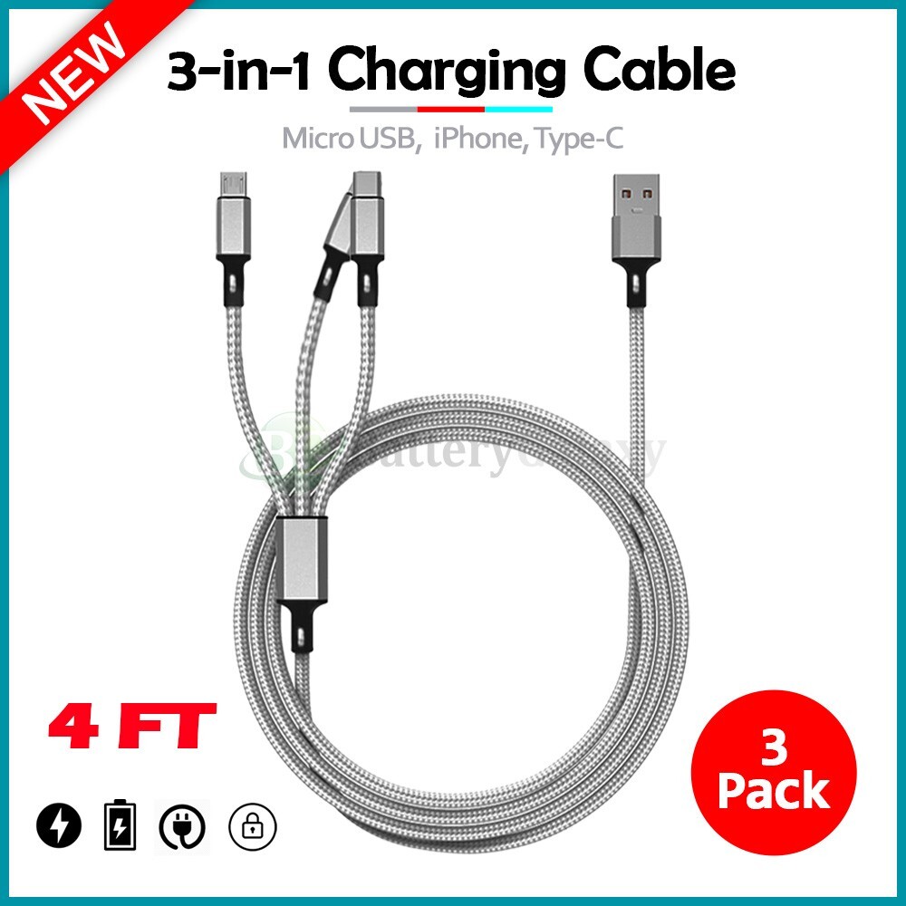 3X Fenzer 4FT 3 in 1 Multi Charger Cable USB Charging Cord iPhone/Type C/Micro