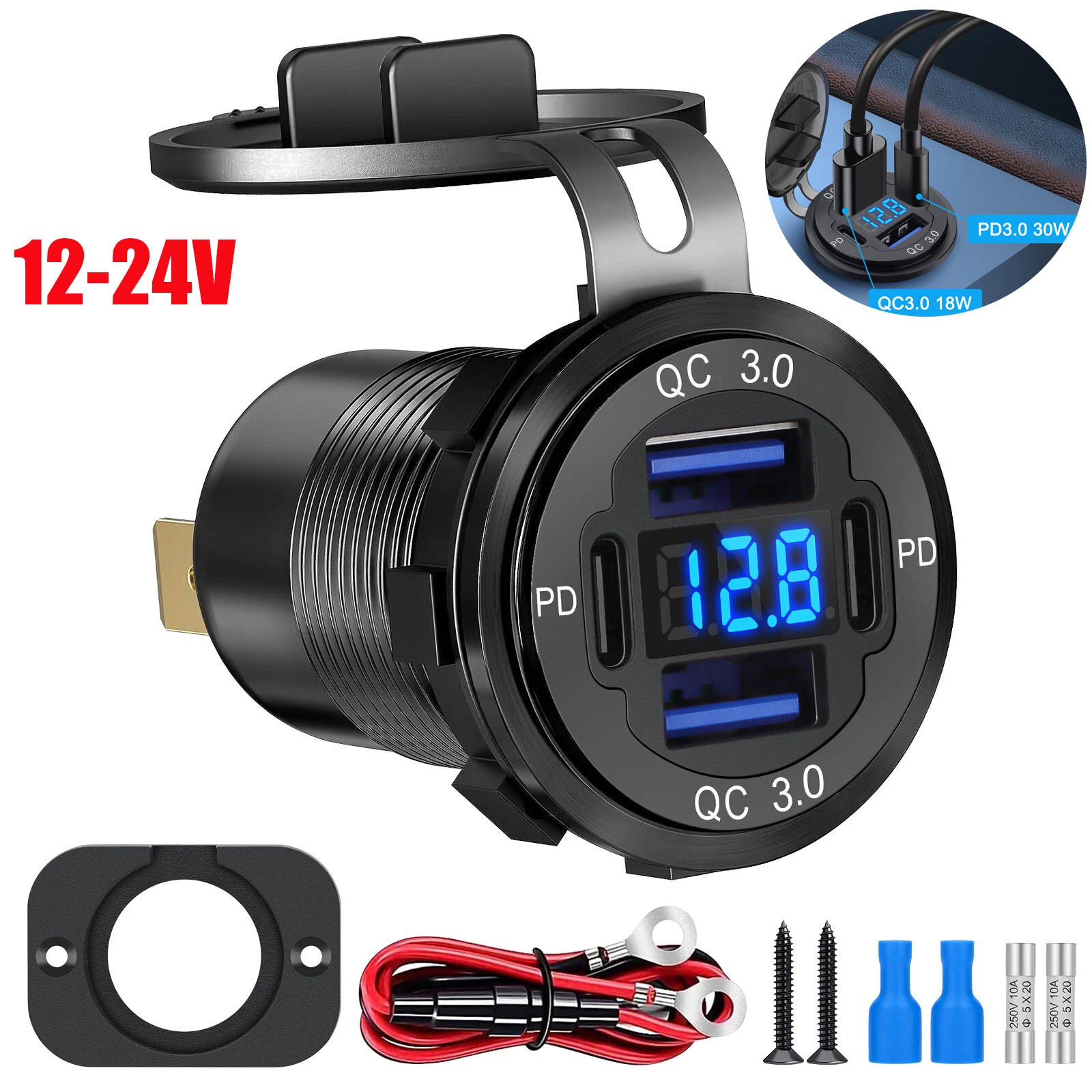 12V-24V PD + QC3.0 Dual USB Car Fast Charger Power Socket Outlet LED Voltmeter
