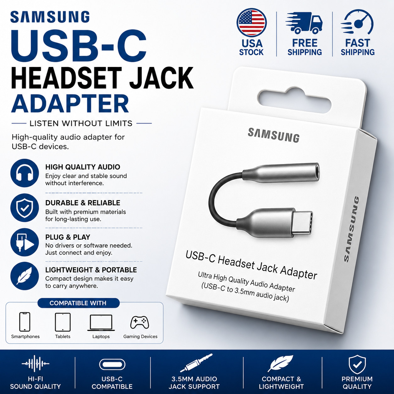 New Black Audio Aux Headphone USB Type C Headset Jack Adapter to 3.5mm
