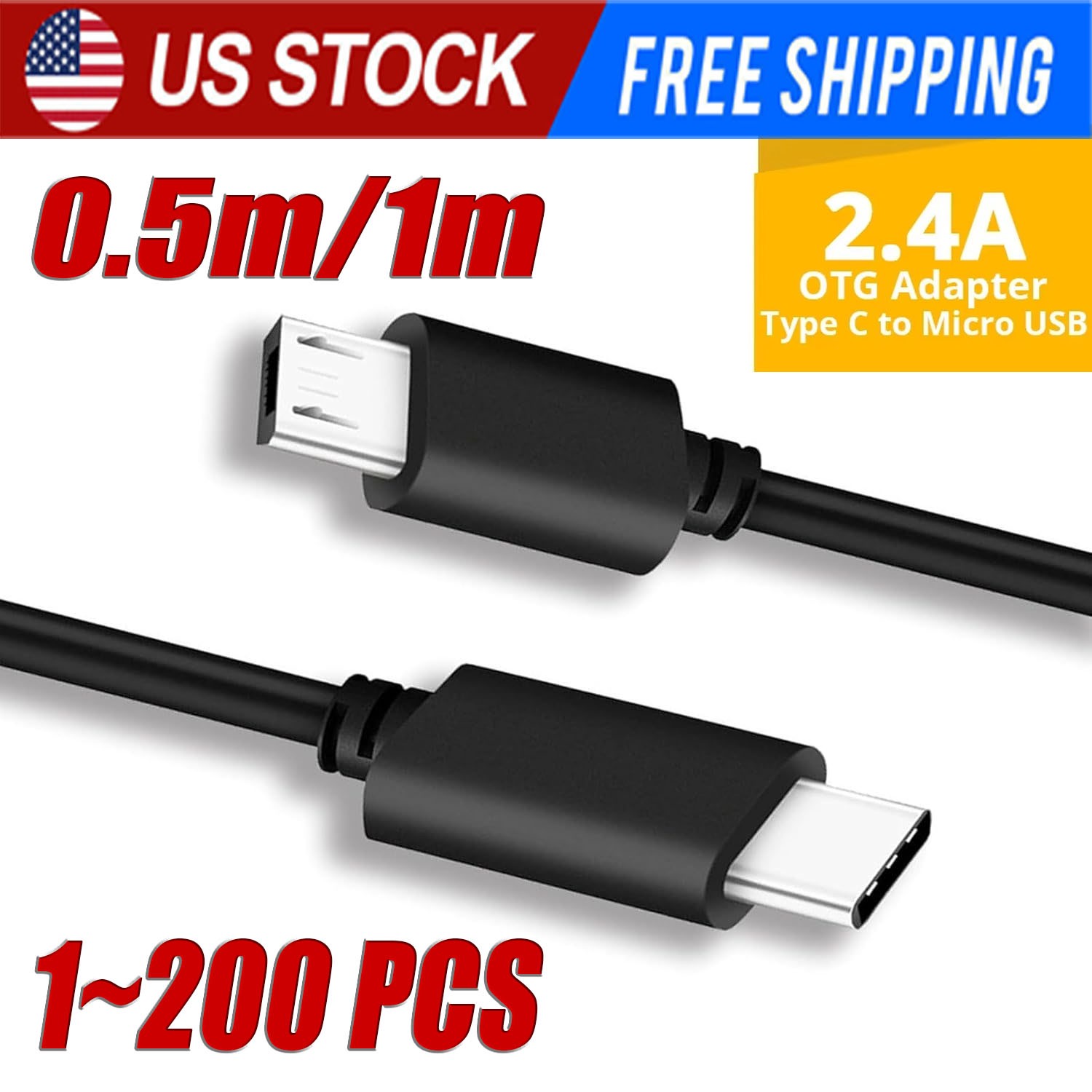 USB Type C to Micro 5V/2.4A Data & Sync Transfer OTG charging cable – Black LOT
