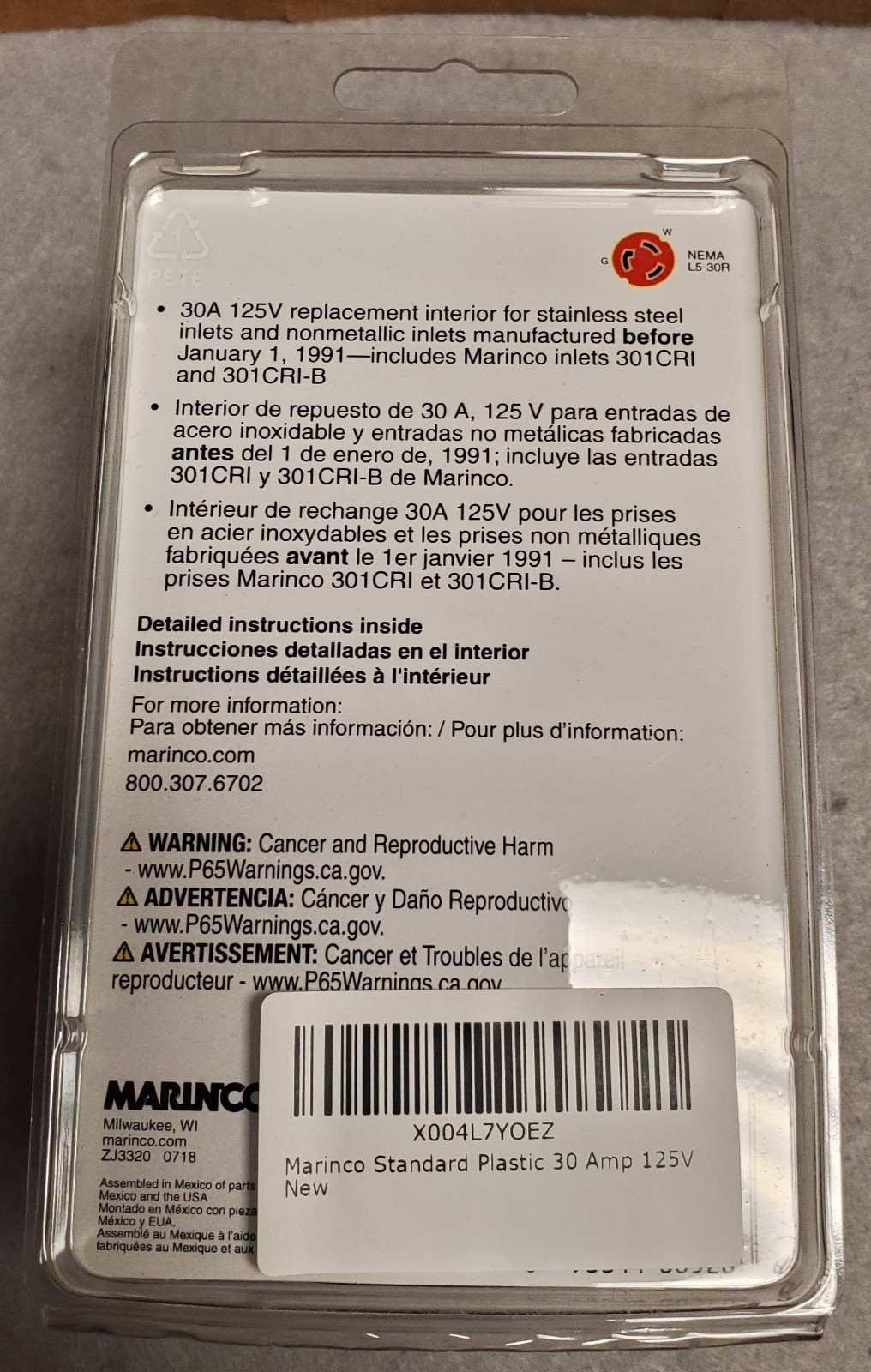 Marinco Standard Plastic 30 Amp 125V Easy-Lock Shore Power Inlet Replacement New