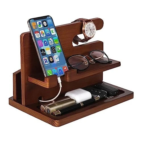 Wood Phone Docking Station Gifts for Men Bedside Organizer Charger Holder for…