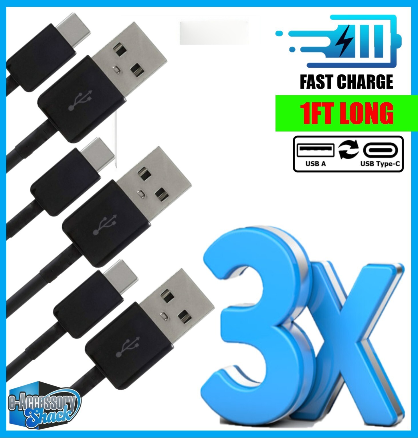 3 PACK 1FT USB-C to USB-A Cable Fast Charger Type C Charging Cord Data Sync