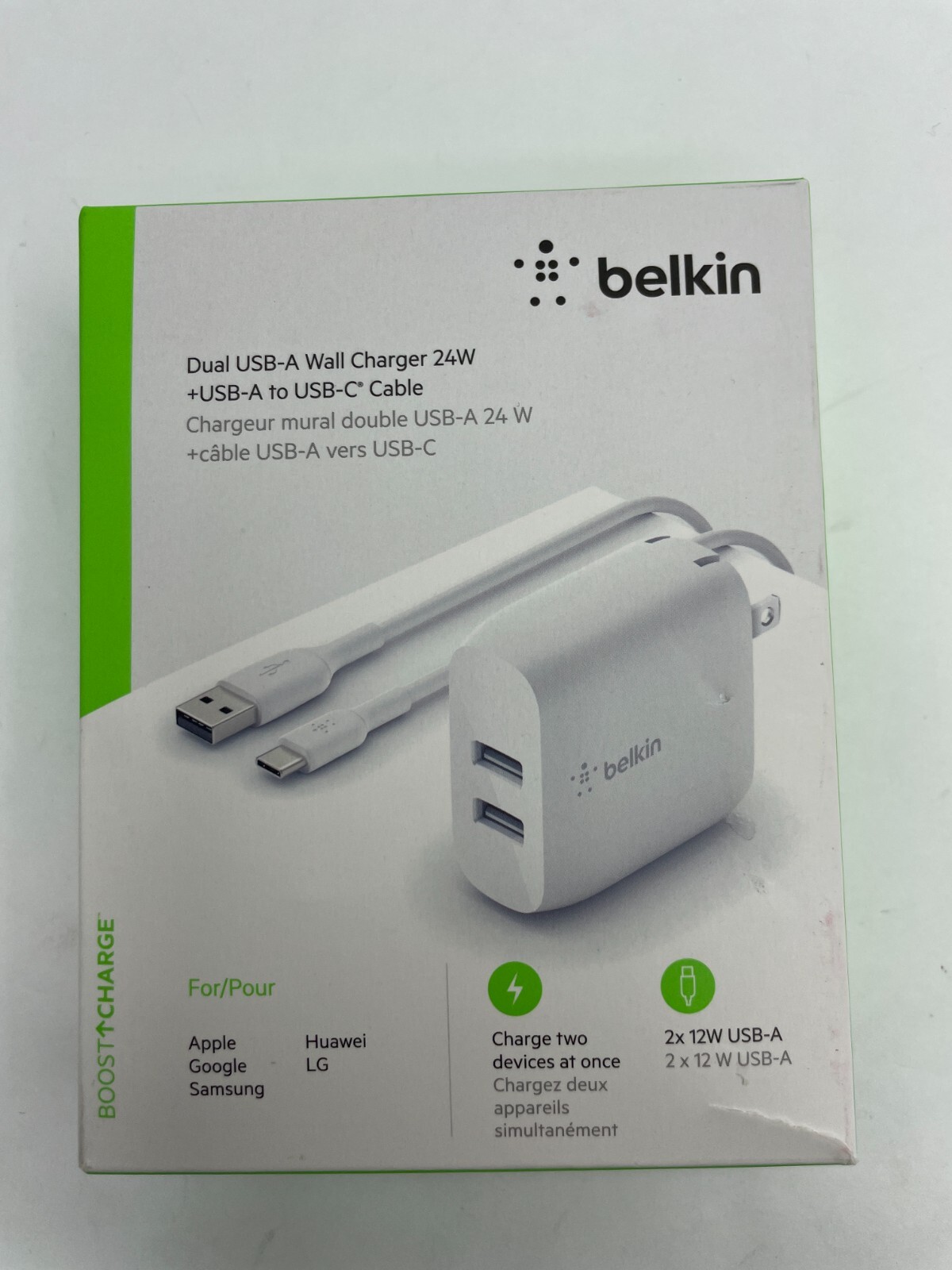 Belkin 24W Dual Port USB Wall Charger with USB-C Cable for Phone/Tablet , White
