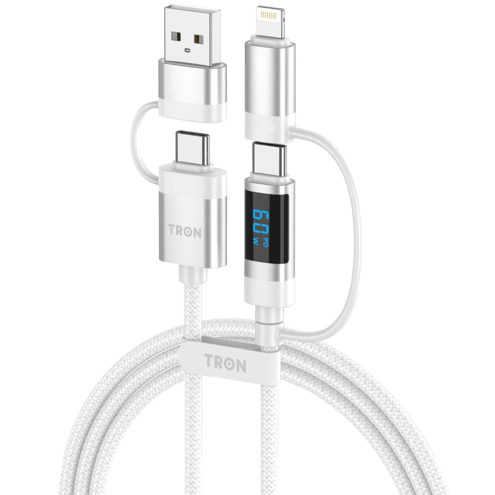 TRON 60W 4-in-1 Braided Charging Cable with Smart Digital Display, 5FT