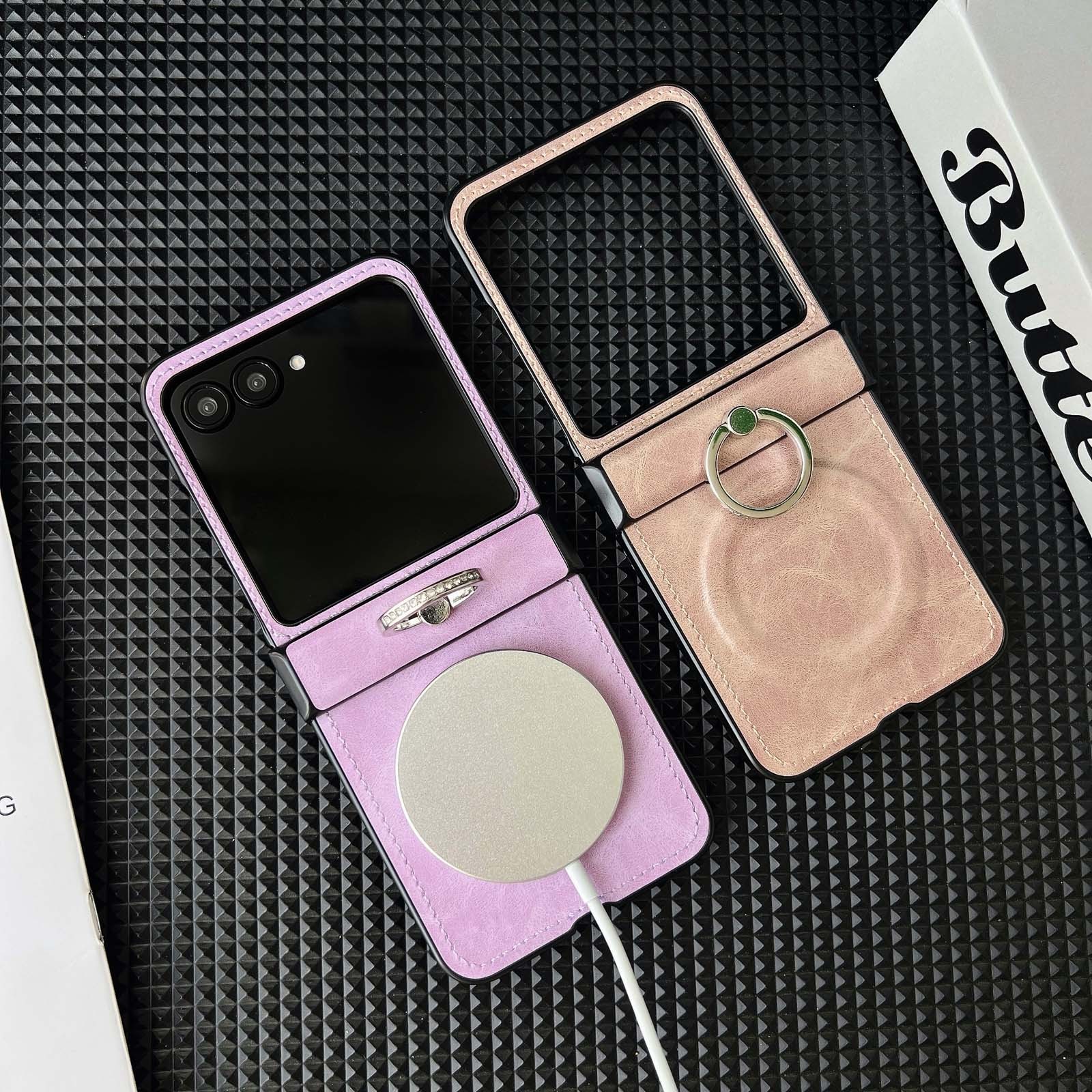 For Samsung Galaxy Z Flip 8 7FE 7 6 5 4 3 Magnetic Ring Stand Leather Phone Case