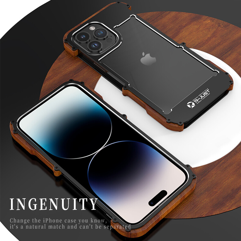 For iPhone 15 Pro Max 14 Plus Shockproof Luxury Hybrid Metal Bumper Wood Case
