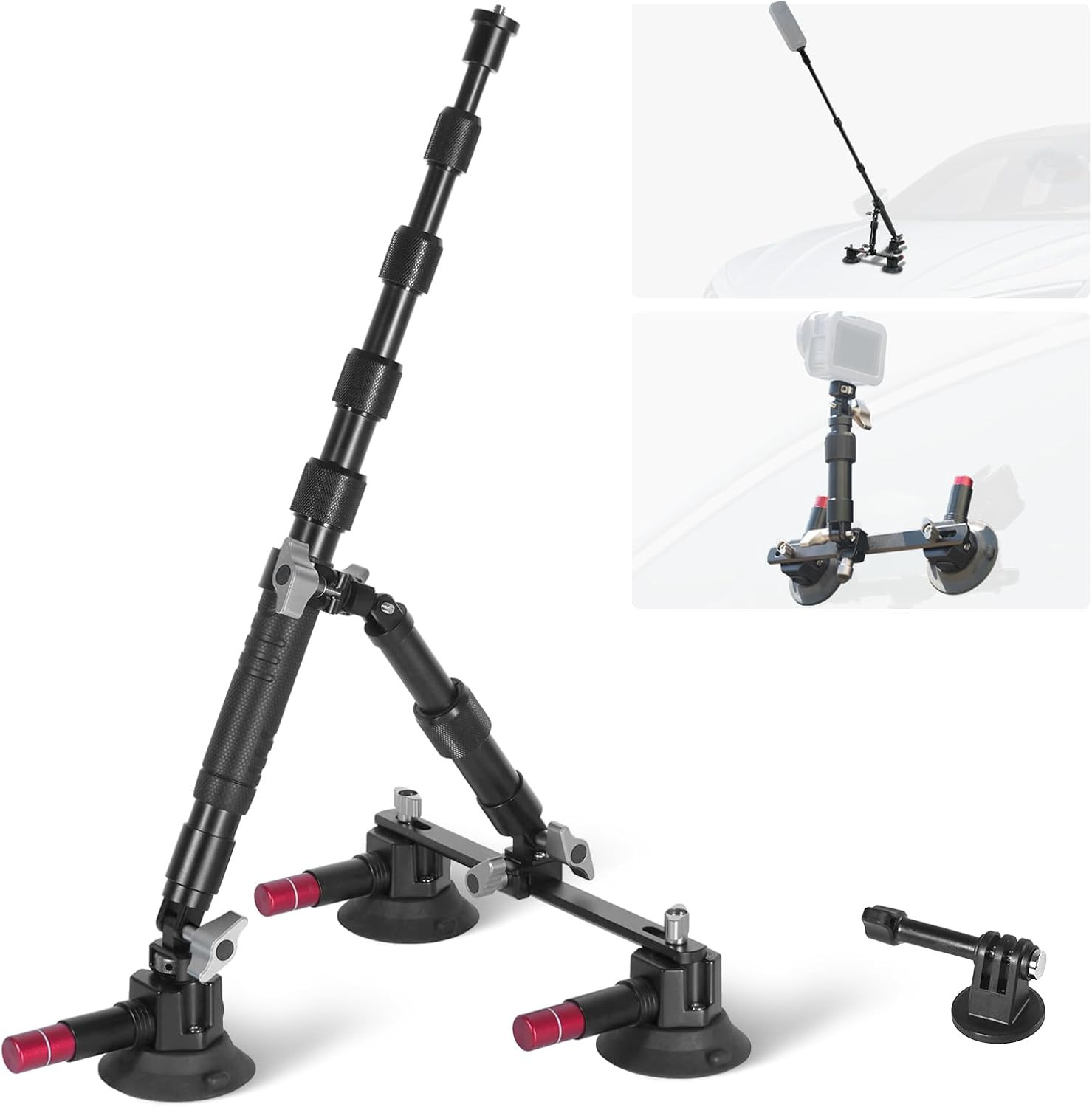Triple Suction Cup Car Mount Kit with 2In1 Selfie Stick, CNC Machined Quick Rele