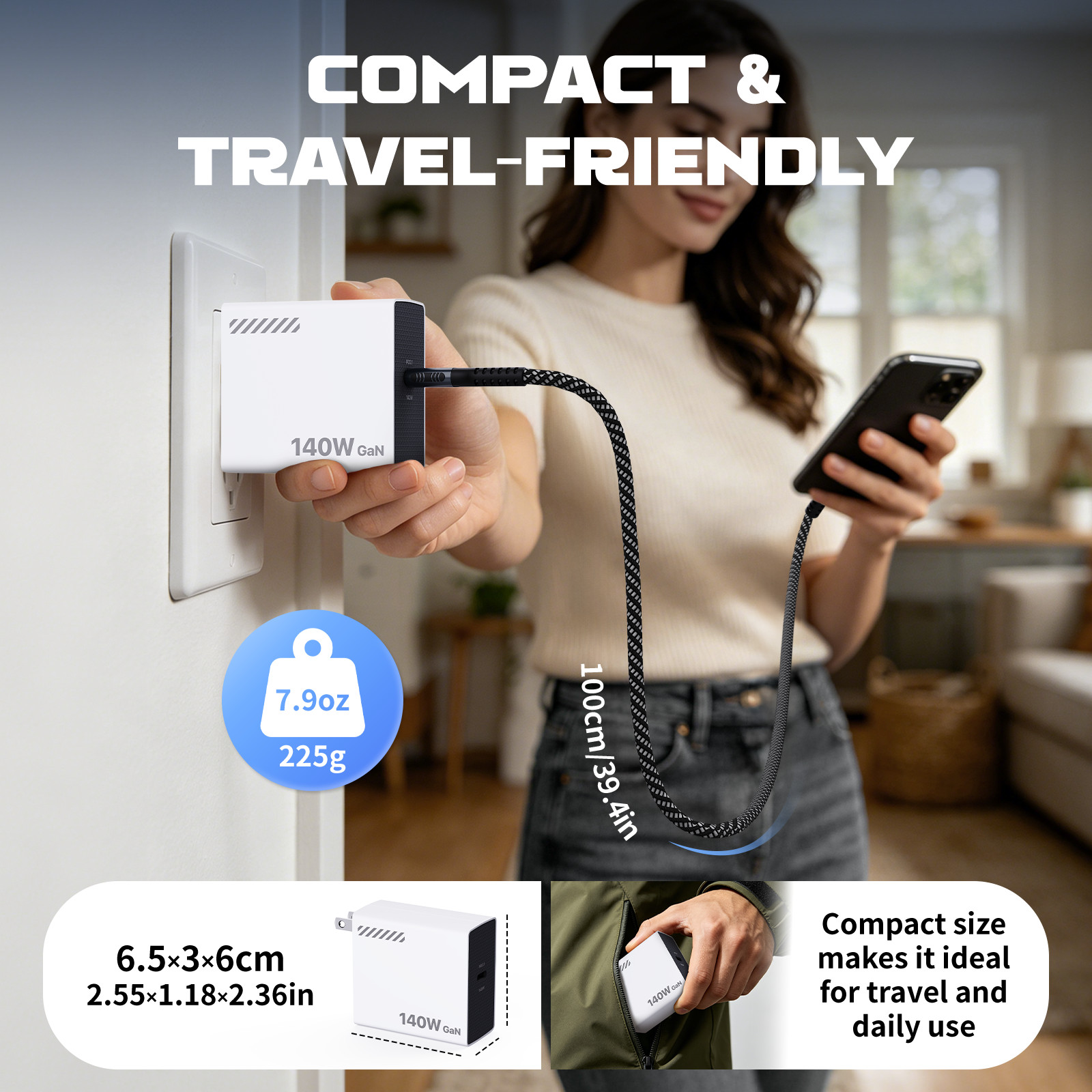 140W GaN Fast Charger USB-C PD 3.1 Power Adapter for Laptop Tablet Phone Travel