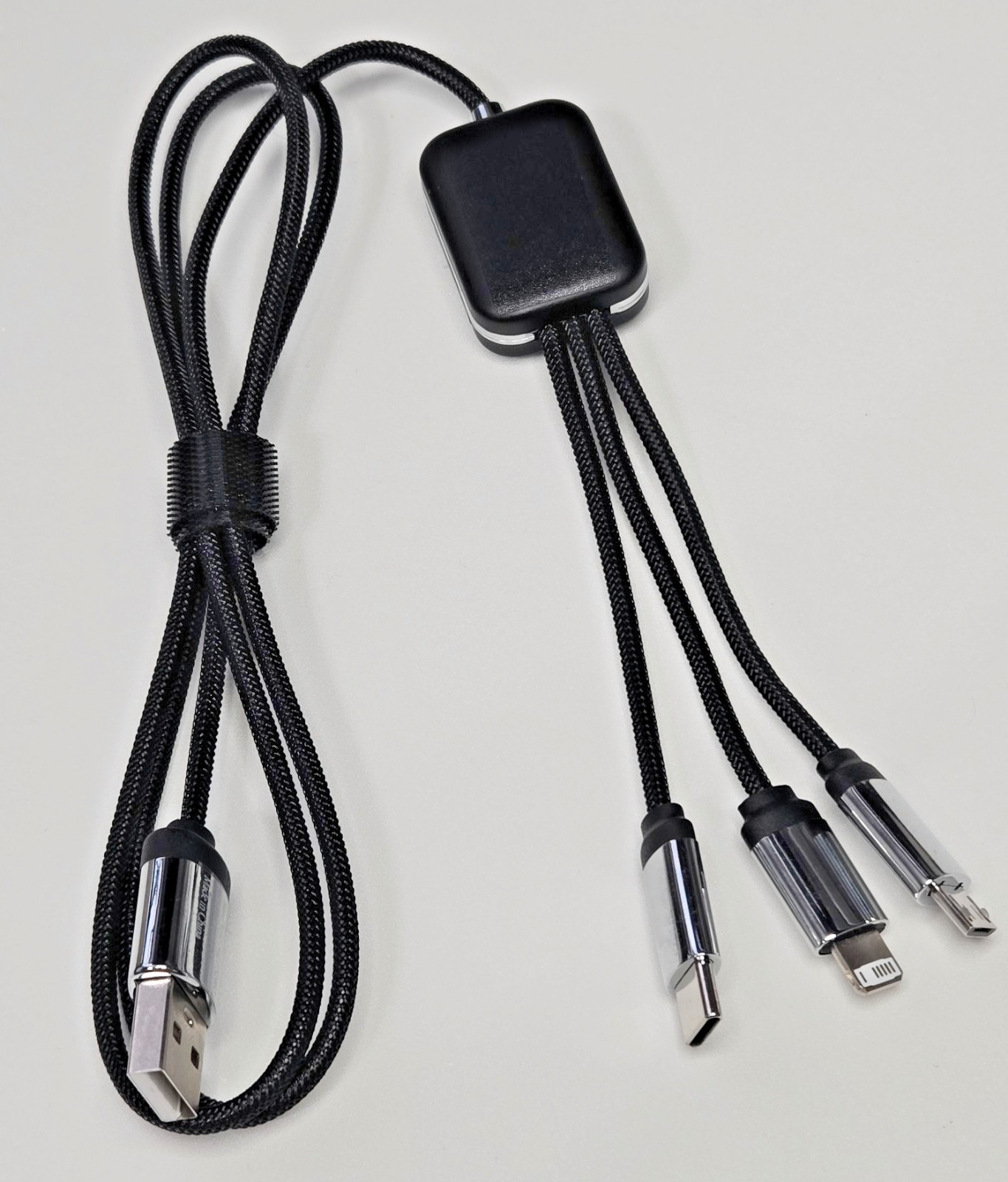 3-in-1 USB Charging Cable Hub Braided | USB-C 8-Pin Micro-USB | Overstock Black