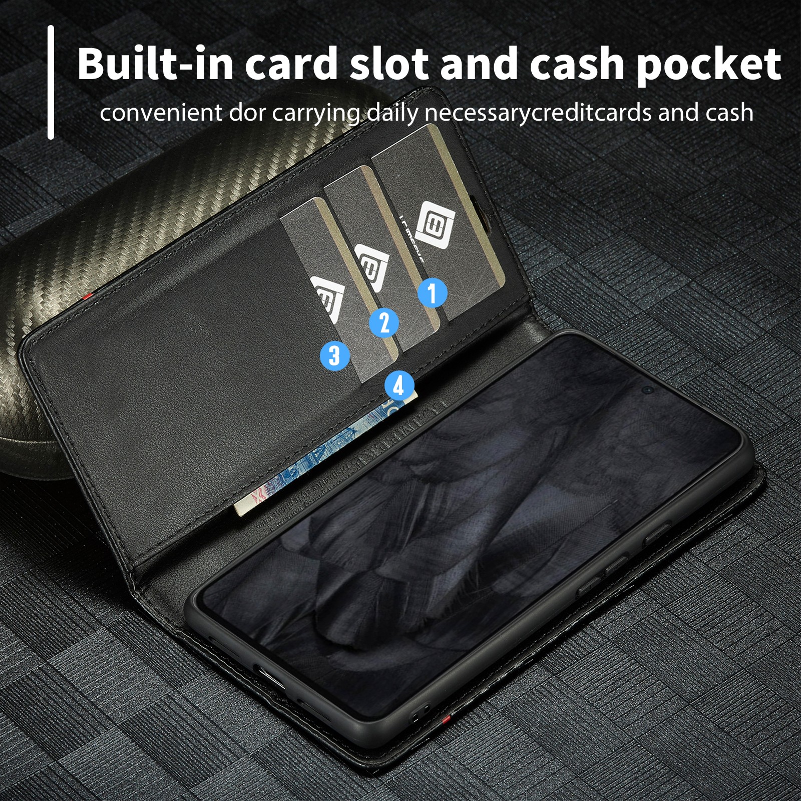 For iPhone 17 Pro Max 16e 15 14 13 12 11 Carbon Fiber Magnetic Flip Wallet Case