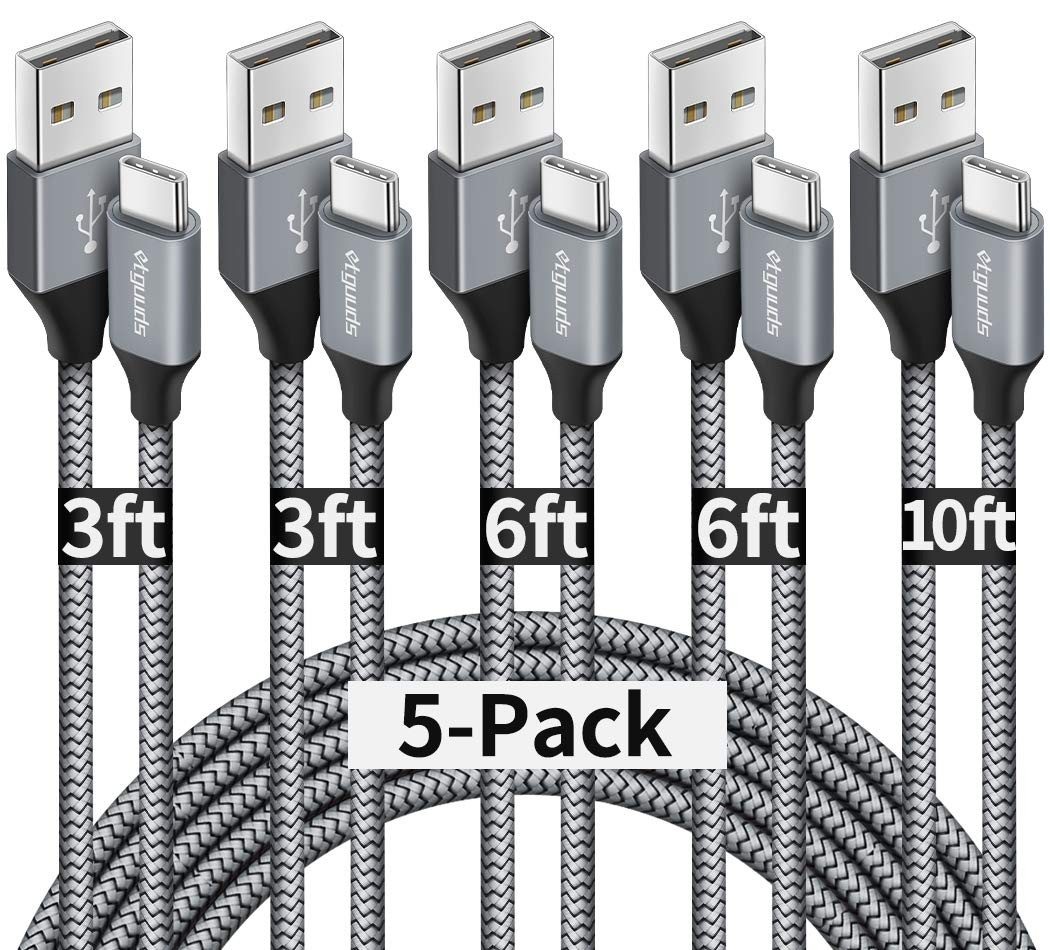 5 Pack USB A to Type C Cable 3ft 6ft 10ft Fast Charging Cord Phone Wire Gray