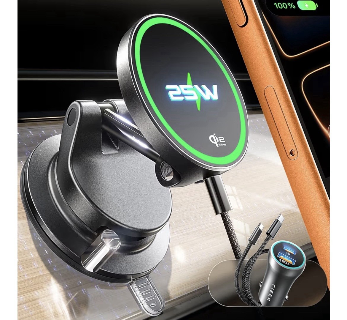 OPEN BOX Lisen Qi2.2 Black Suction Mount Wireless Charger, Magnetic Phone Holder