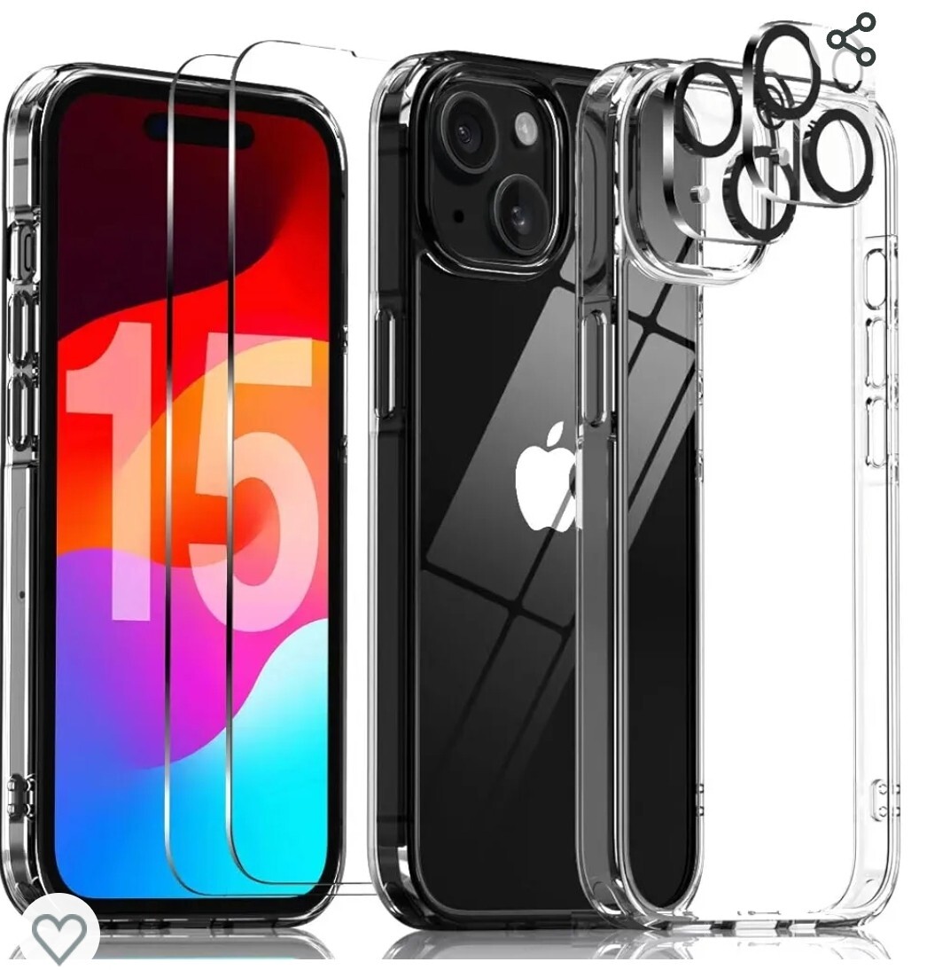 For iPhone 15 Clear Case, Tempered Glass Screen Protector, Camera Len, 5 In 1